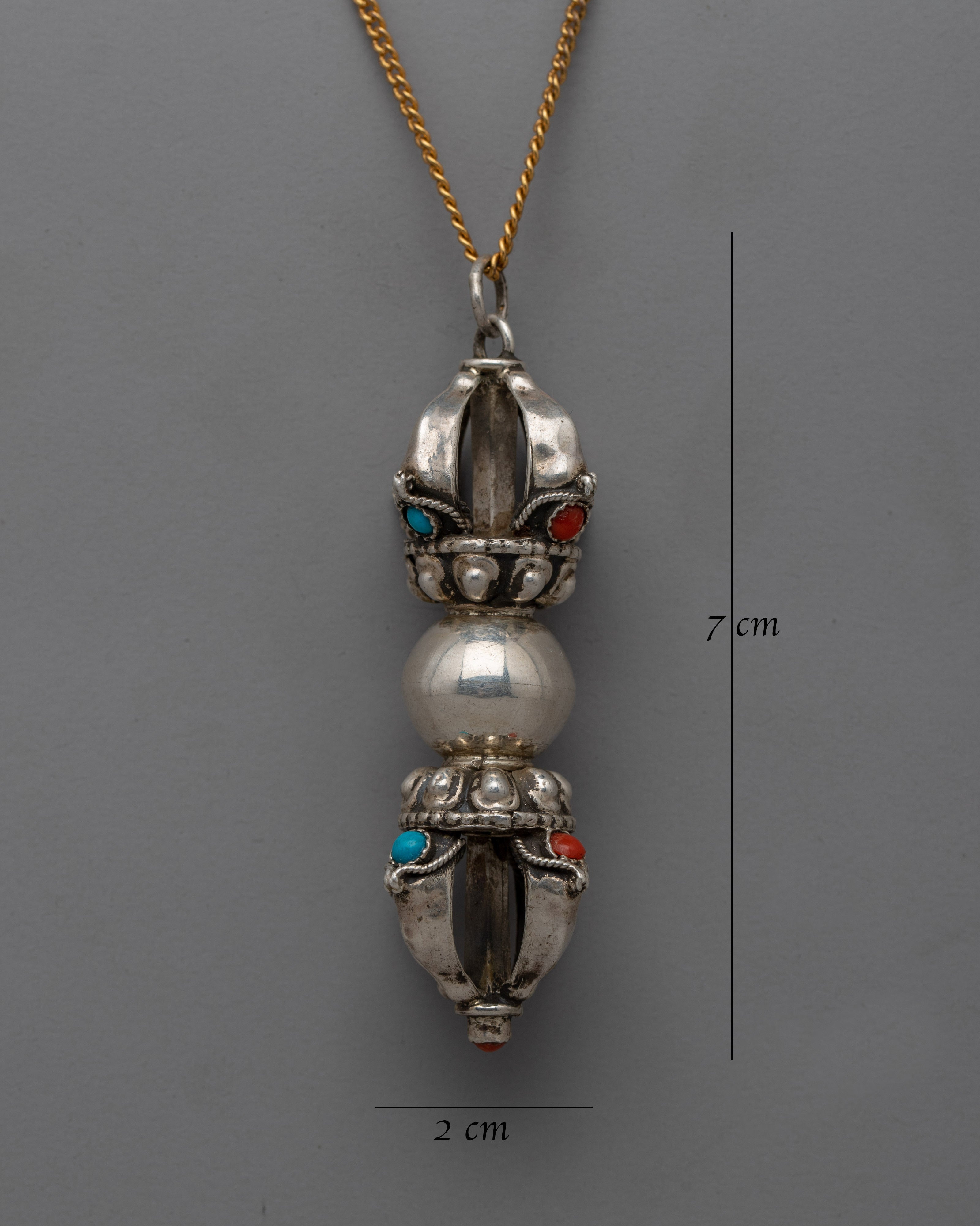 Vajra Symbol of Strength with Coral and Lapis Lazuli | Compact Silver Vajra |Tibetan Silver Vajra