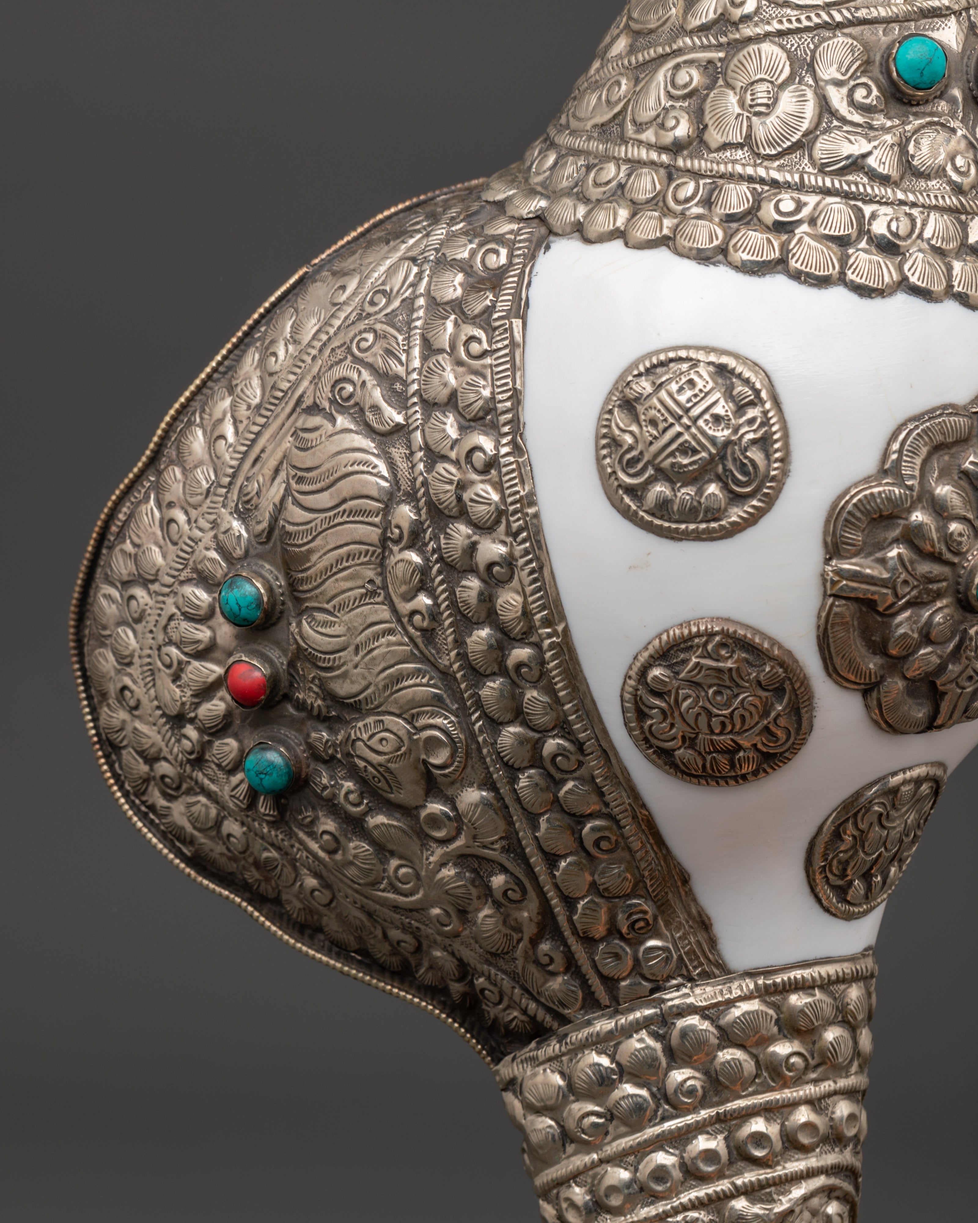 Handcrafted Puja Conch Shell | Tibetan Shankha with Brass and Turquoise Stone