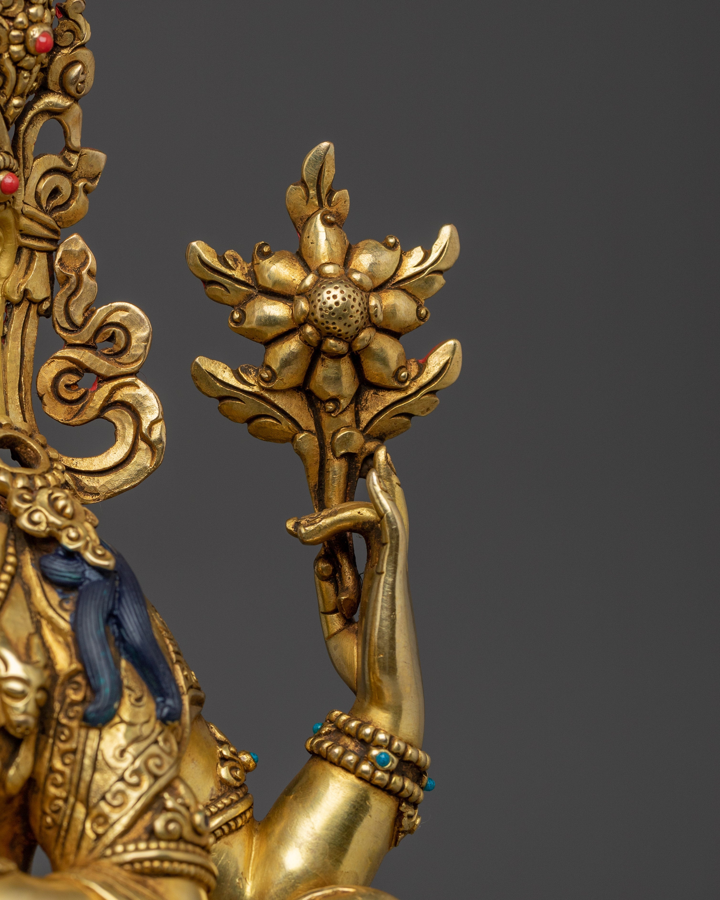 Gold Gilded Chenrezig Statue with Copper Body | Tibetan Bodhisattva of Compassion