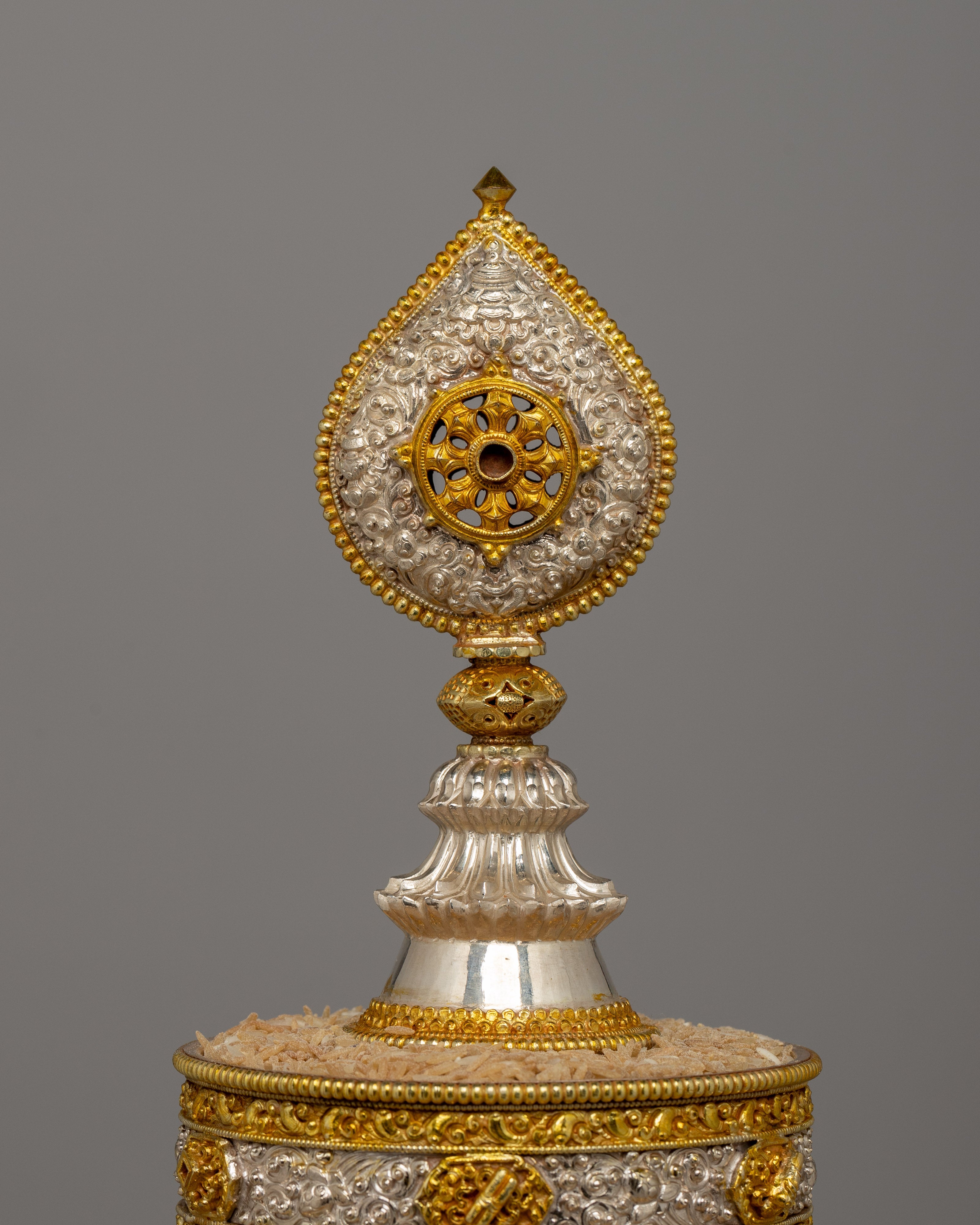 Buddhist Mandala Rice Offering Set | Handcrafted Copper Artwork with Gold & Silver Plating