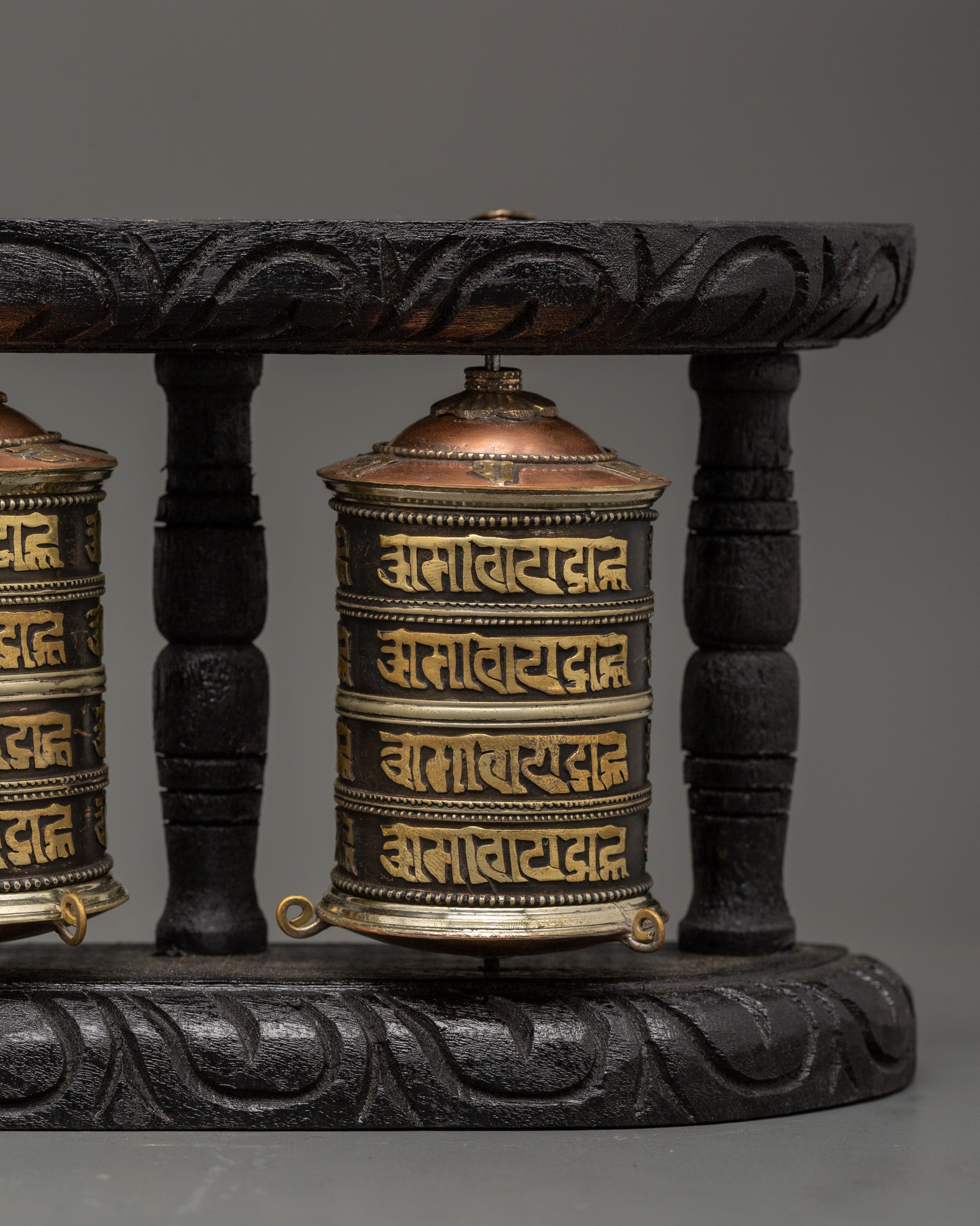Triple Tibetan Prayer Wheel Set | Buddhist Meditation Decor Piece