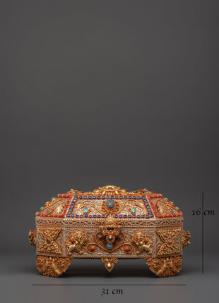 Tibetan Decorative Treasure Box | Buddhist Treasure Box with Turquoise & Coral Inlays