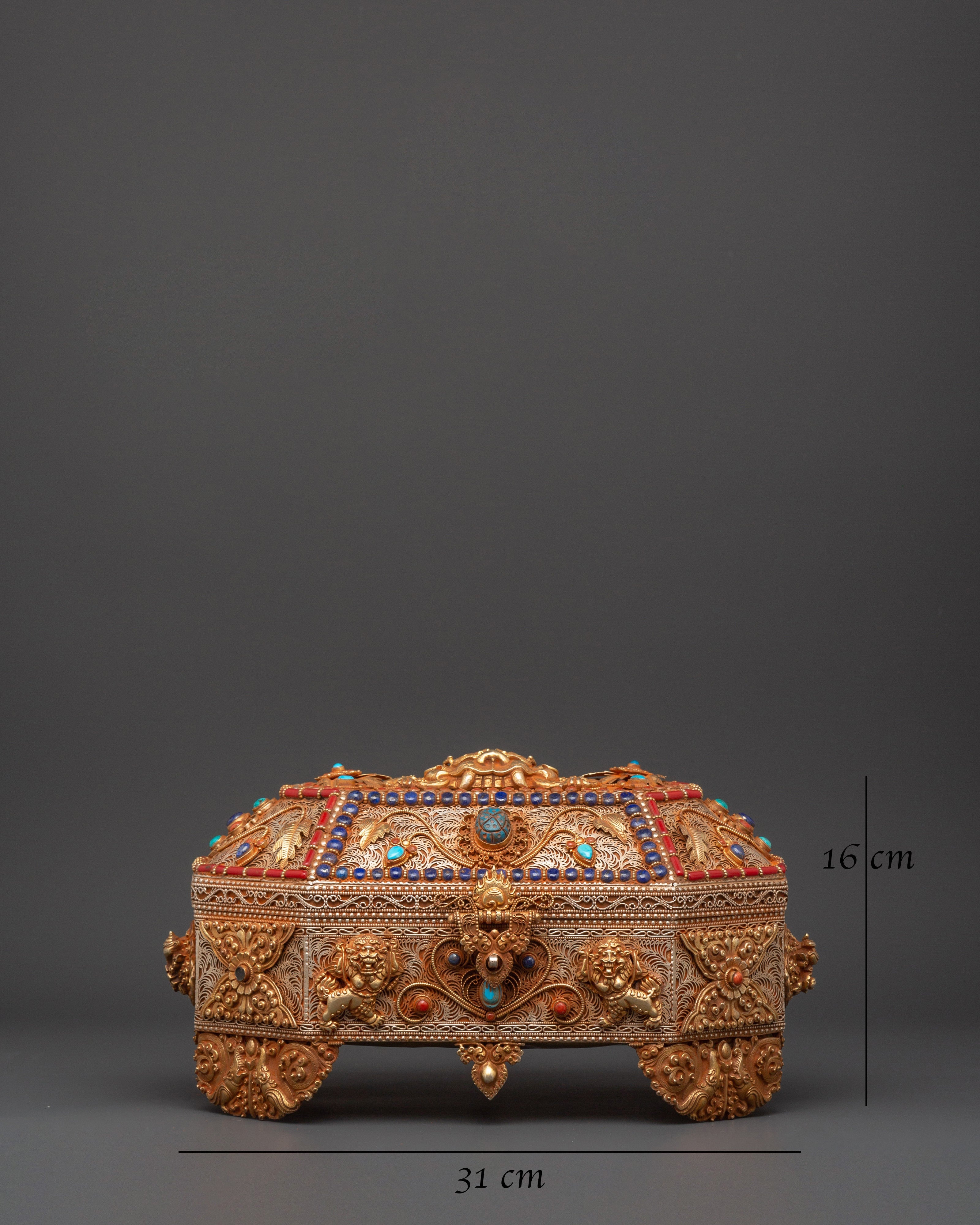 Tibetan Decorative Treasure Box | Buddhist Treasure Box with Turquoise & Coral Inlays