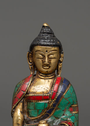 Beautiful Shakyamuni Buddha | Brass with Turquoise & Coral Inlay