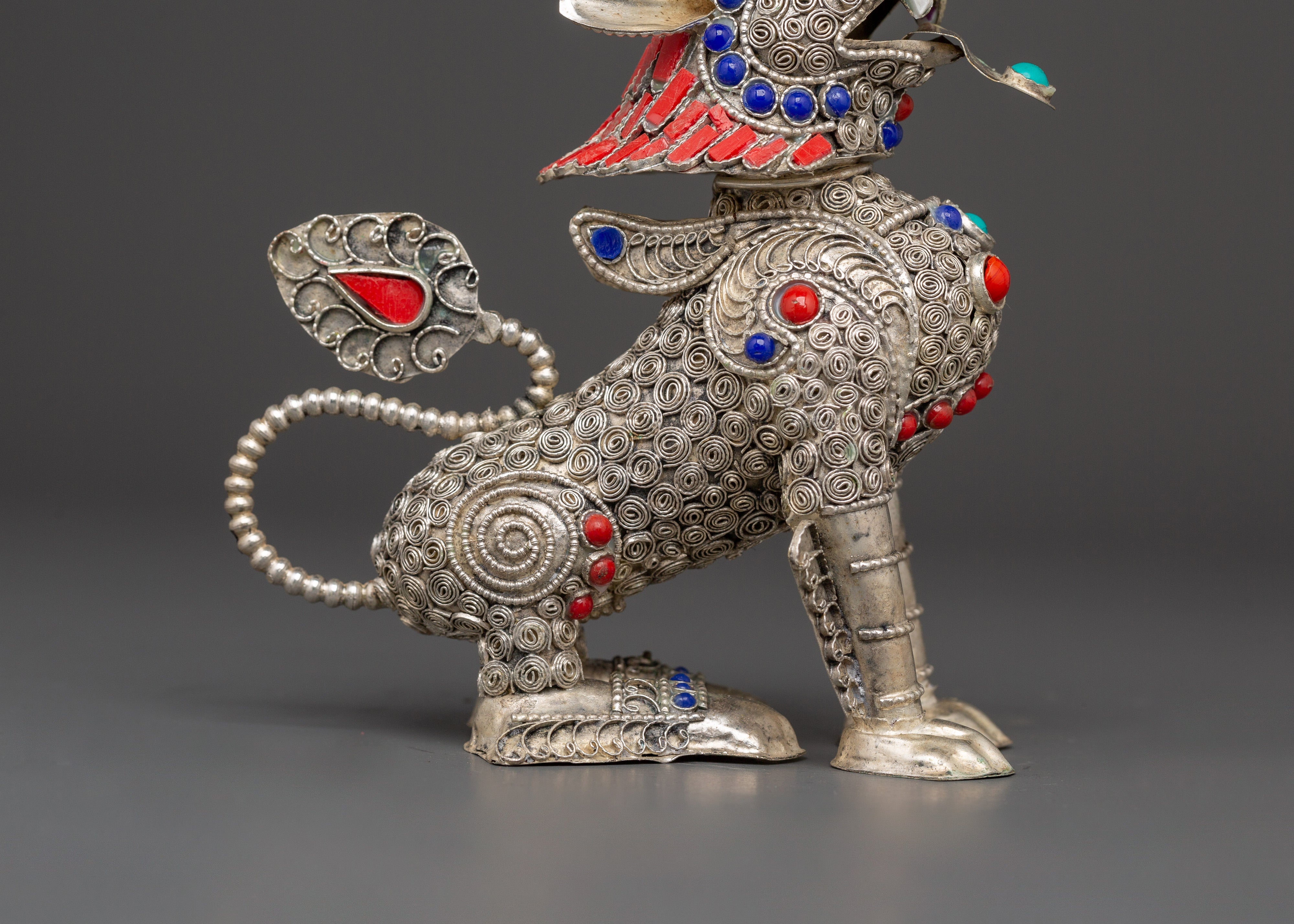 Tibetan Snow Lion Buddhist Protector Set | Silver-Plated White Metal Guardian Statues