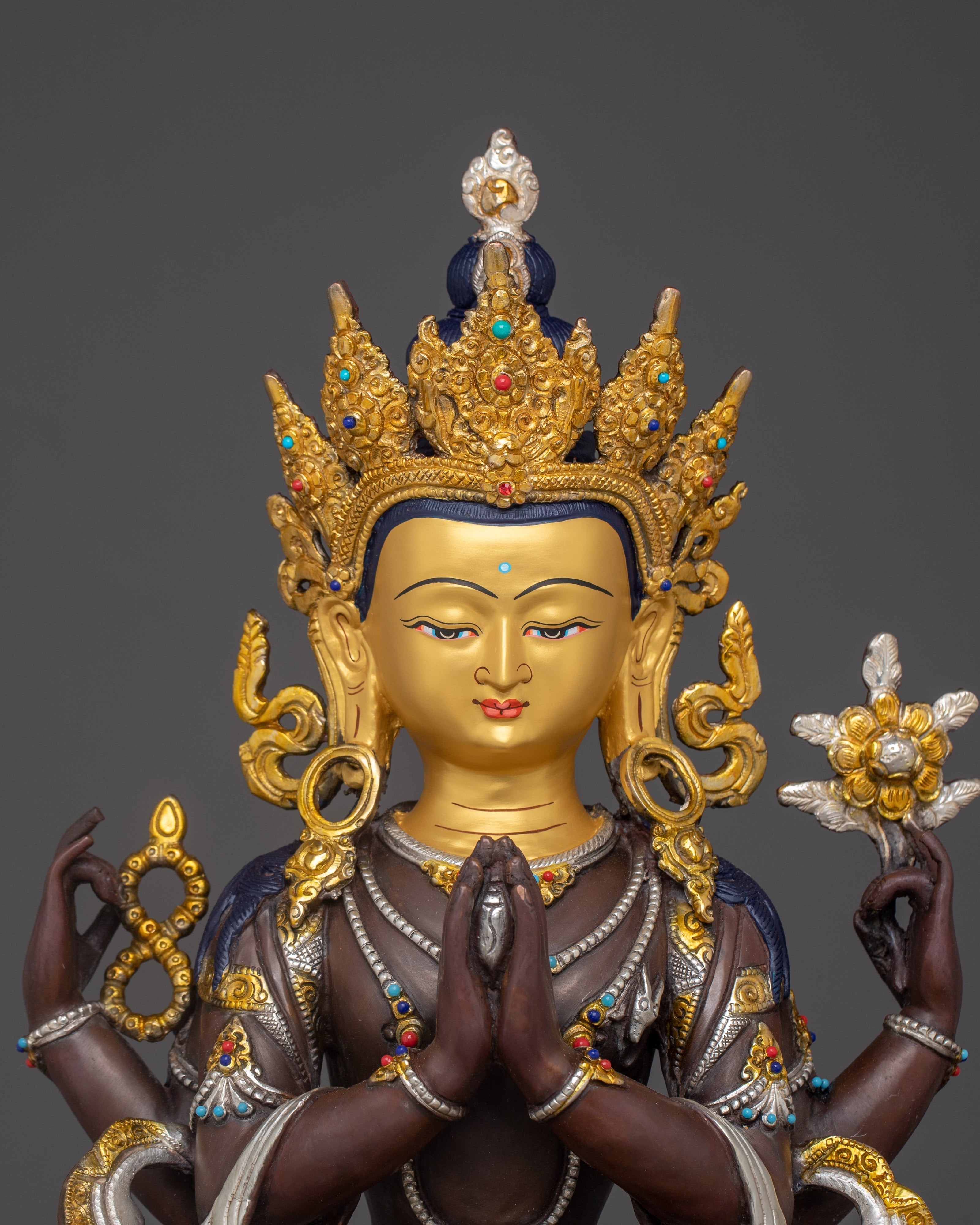 Handcrafted Four-Armed Chenrezig Statue | Oxidized Copper & Gold Plated Figurine