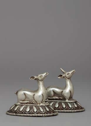 Silver-Plated Buddhist Dharma Wheel & Deer Set | Sacred Buddhist Symbol