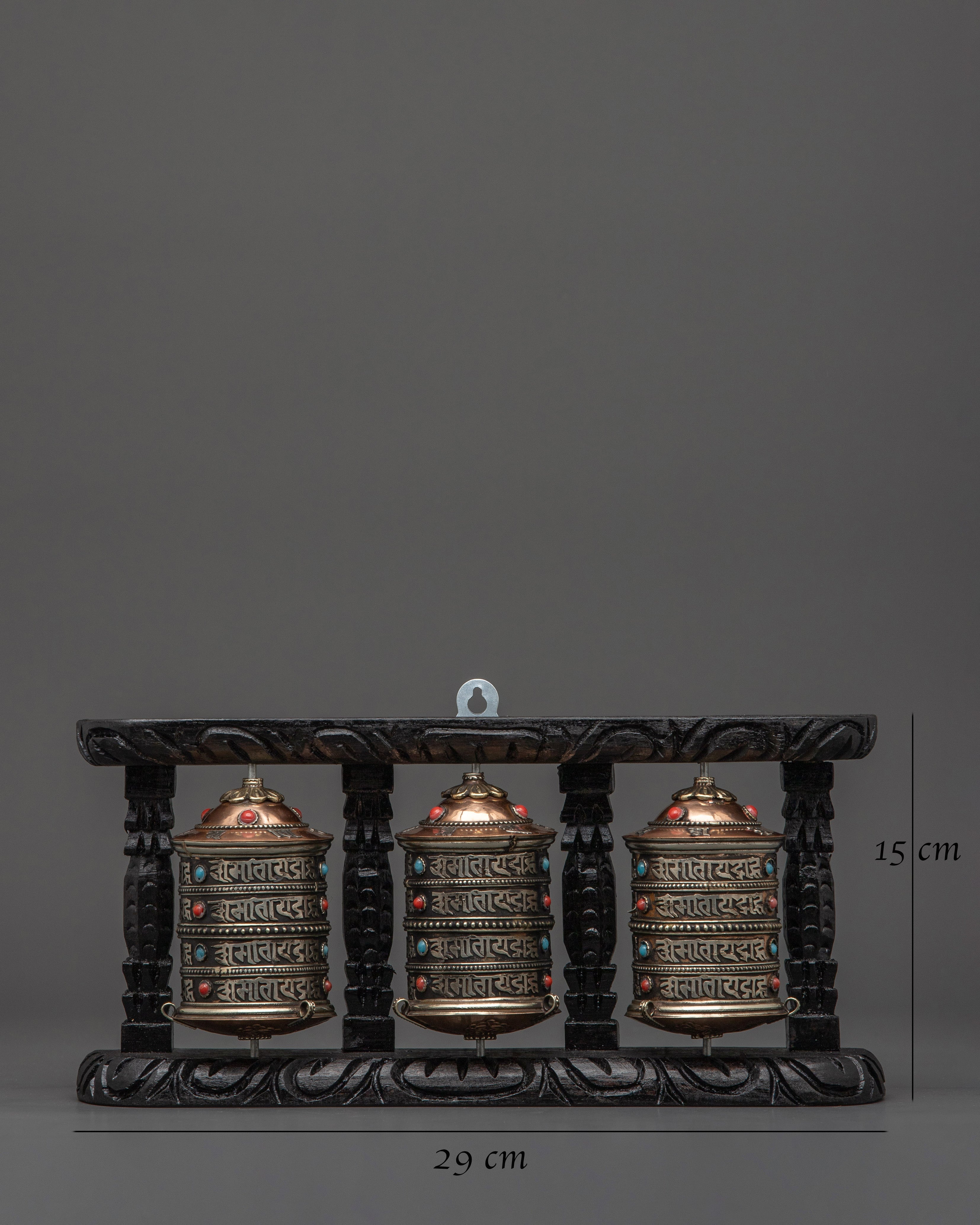 Three-Wheel Prayer Spinner in Wooden Frame | Tibetan Buddhist Home Blessing Tool