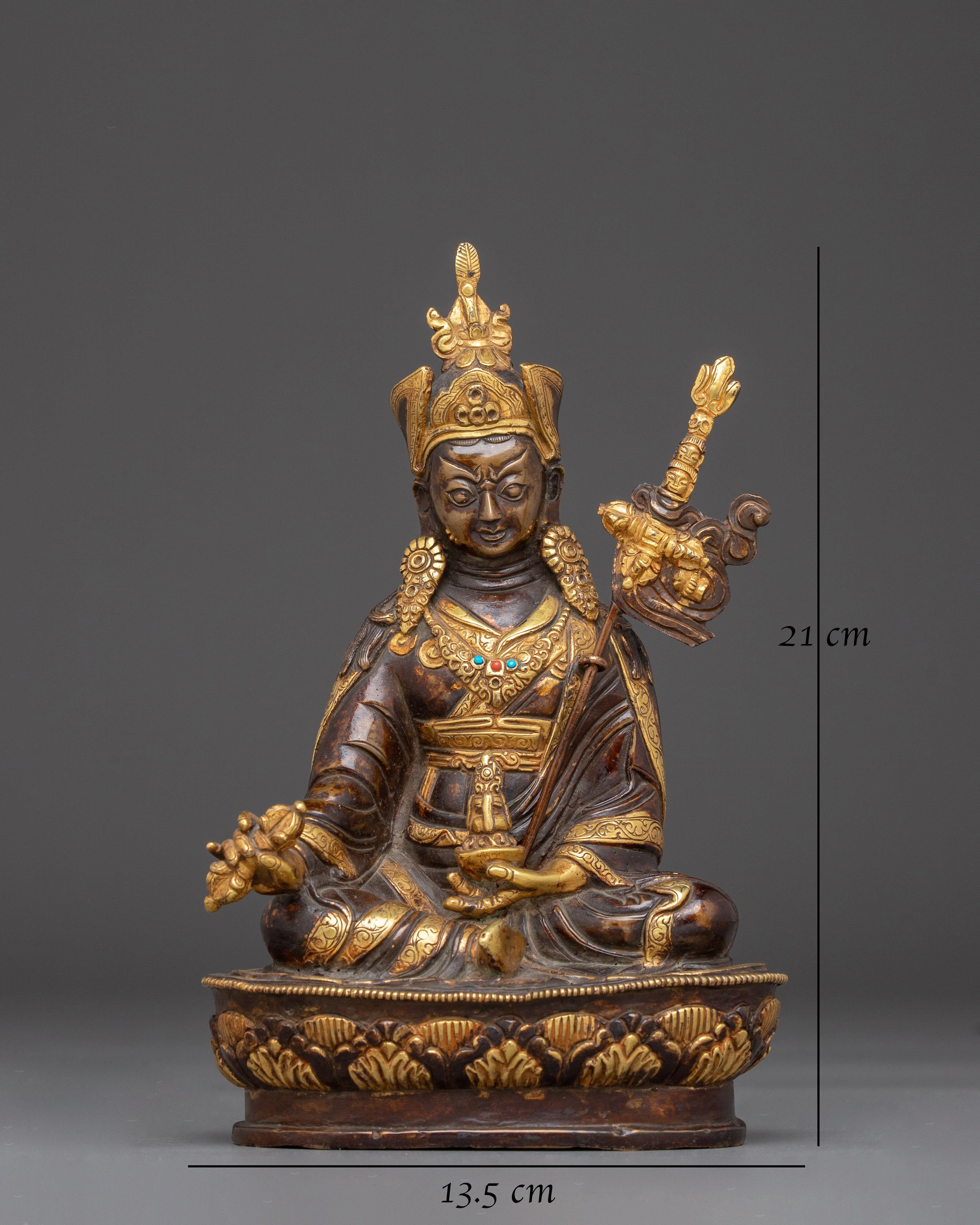 Oxidized Copper Statue of Guru Rinpoche | Gold-Plated Tibetan Spiritual Figure
