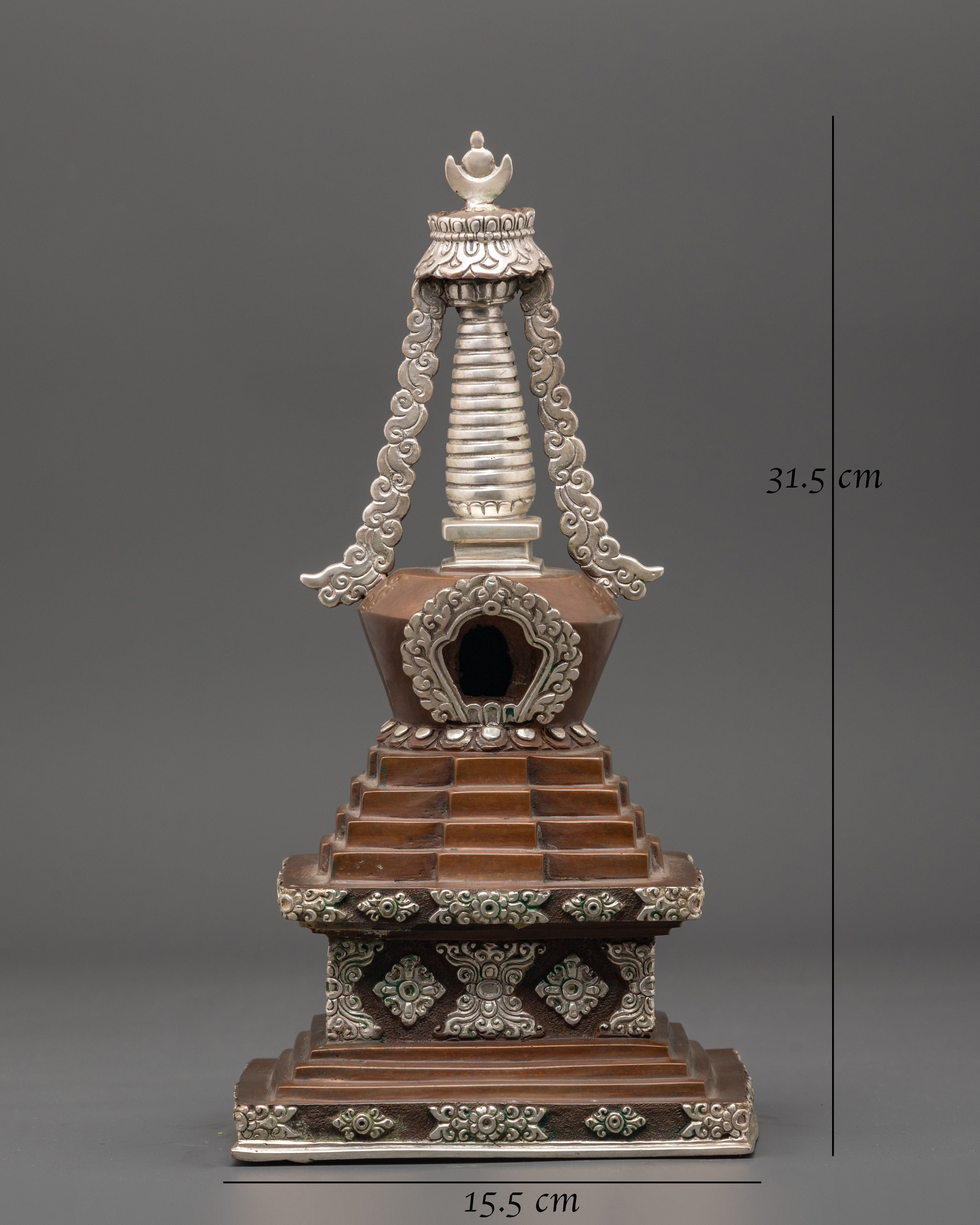 Handcrafted Himalayan Stupa Figurine | Silver Plated Buddhist Altar