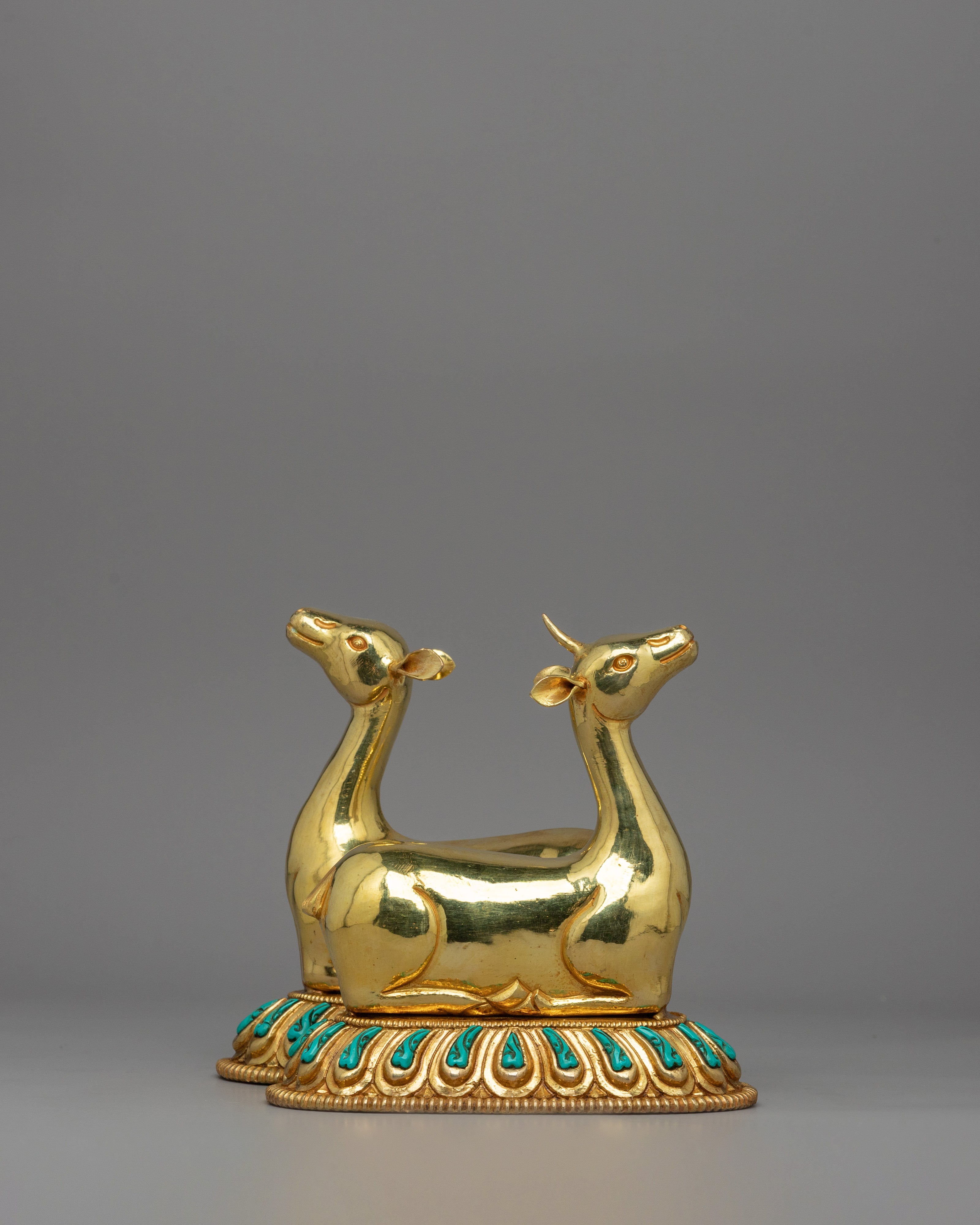 Dharma Wheel and Couple Deer Set | Plated Buddhist Shrine Decor