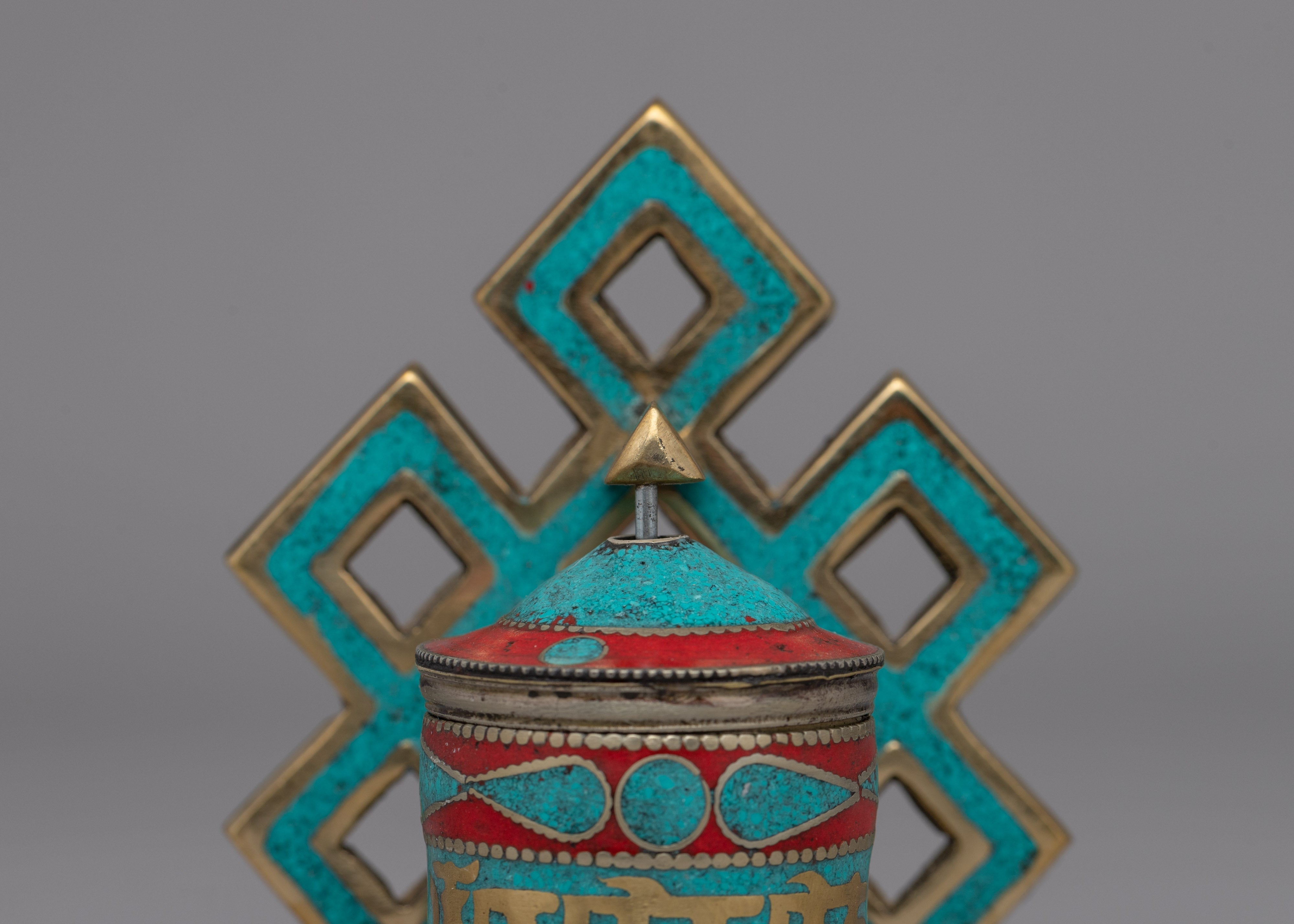 Handcrafted Buddhist Prayer Wheel with Sacred Mantras | Spiritual Healing Artifact with Turquoise