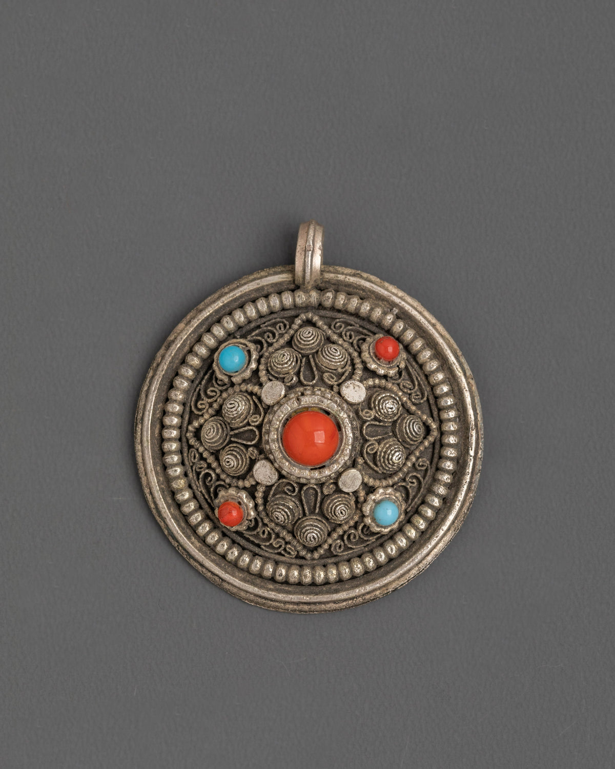 Traditional Tibetan Amulet Locket | Sterling Silver Pendant with Coral and Turquoise Gemstones