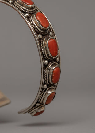 Silver & Coral Tibetan Bracelet | Handmade Spiritual Healing Cuff