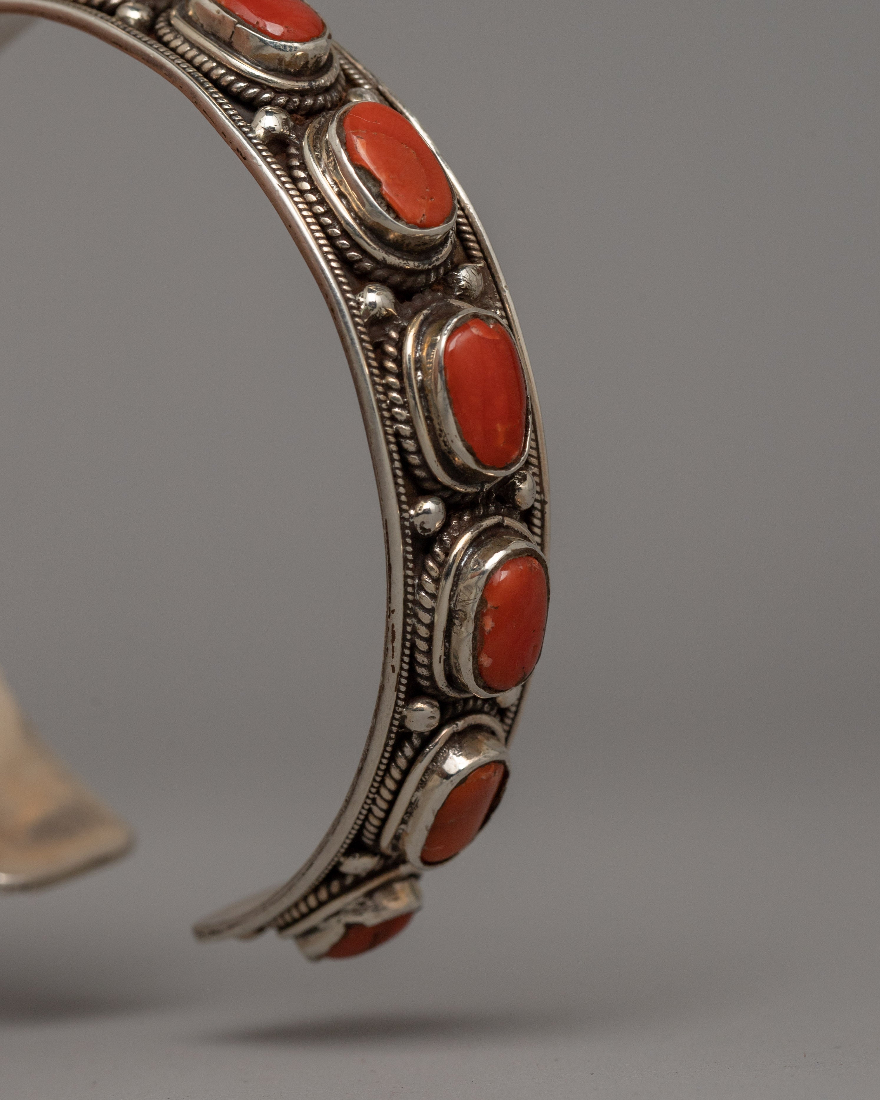 Silver & Coral Tibetan Bracelet | Handmade Spiritual Healing Cuff