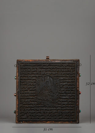 Hand-Carved Flag Stamp of Guru Rinpoche in Copper and Wood | Meditation and Rituals