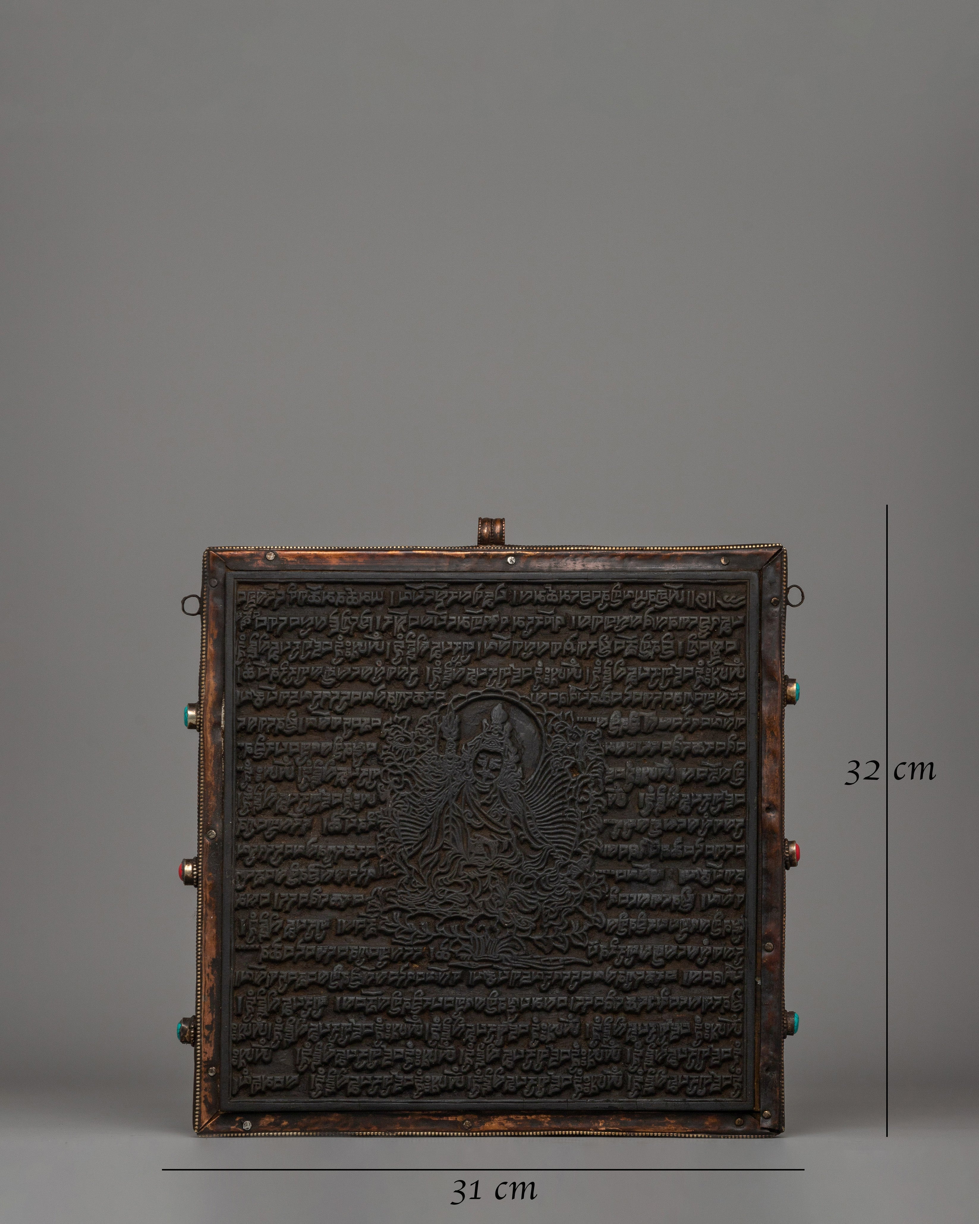 Hand-Carved Flag Stamp of Guru Rinpoche in Copper and Wood | Meditation and Rituals