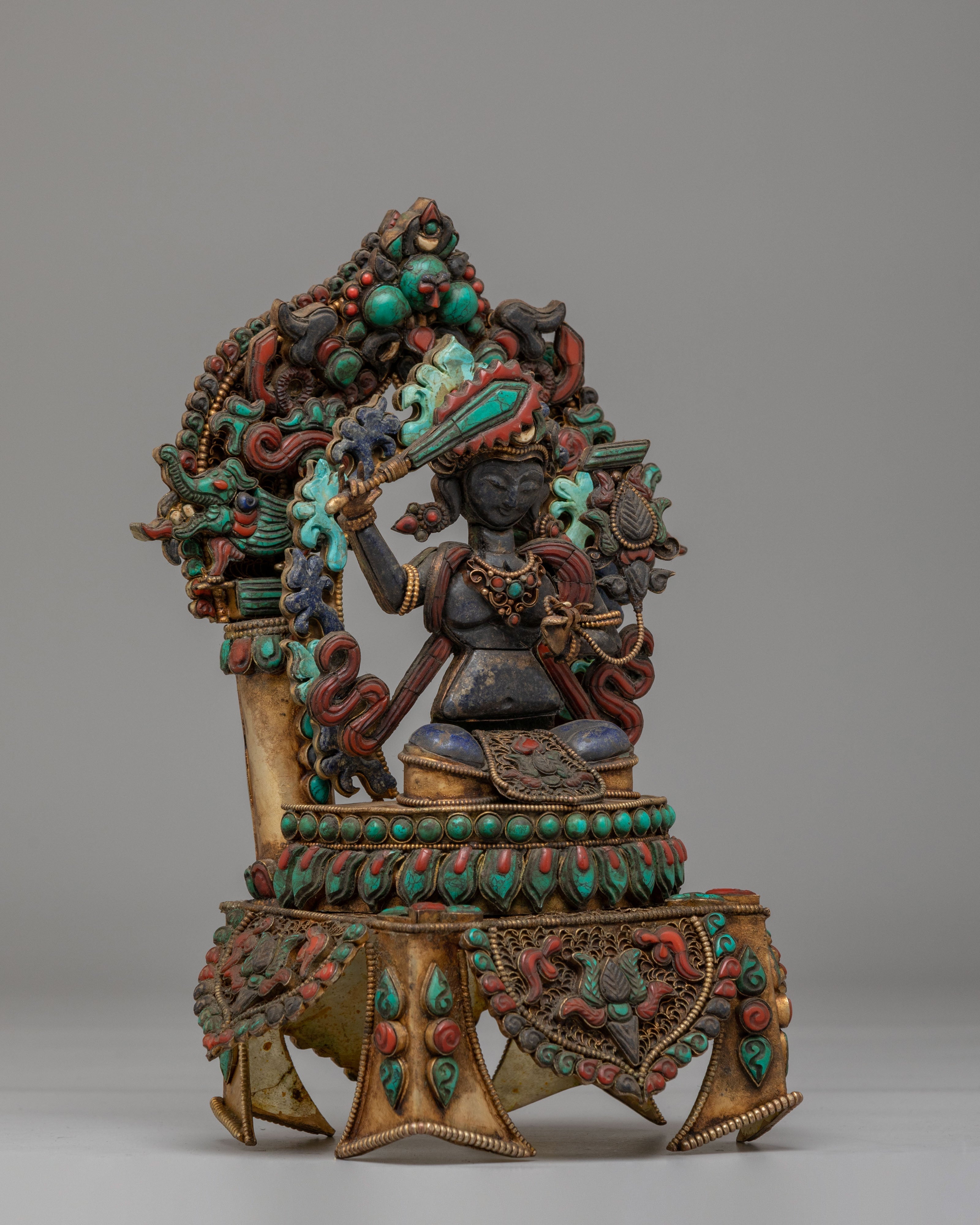 Handmade Manjushri on Throne Statue | The Bodhisattva of Wisdom