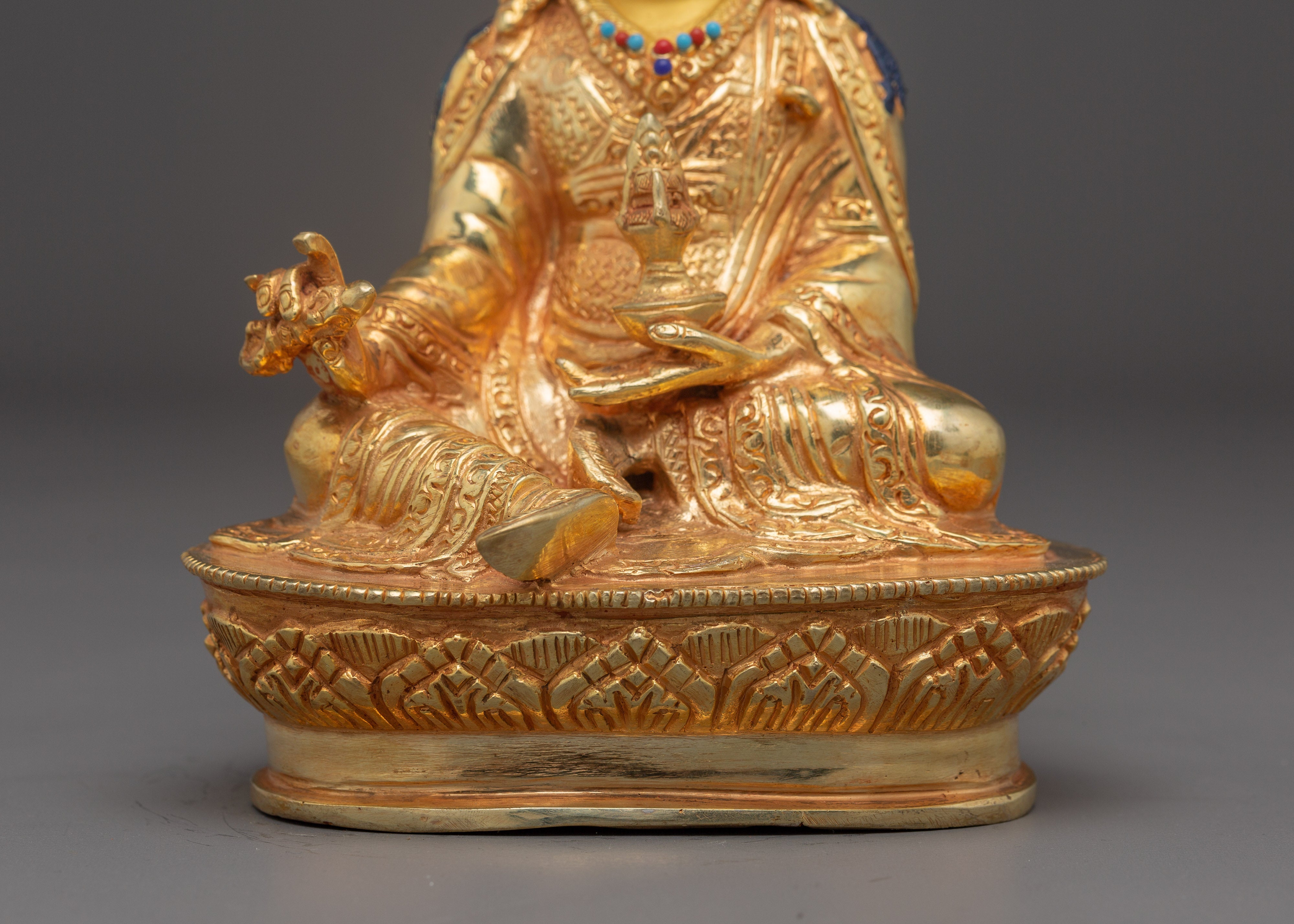Sacred Padmasambhava Statue | Gold Plated Copper Buddha Sculpture with Coral & Turquoise