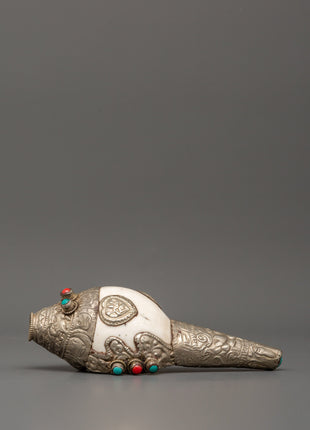 Conch Symbol of Sound and Spirituality | Silver Plated with Turquoise & Coral Inlays