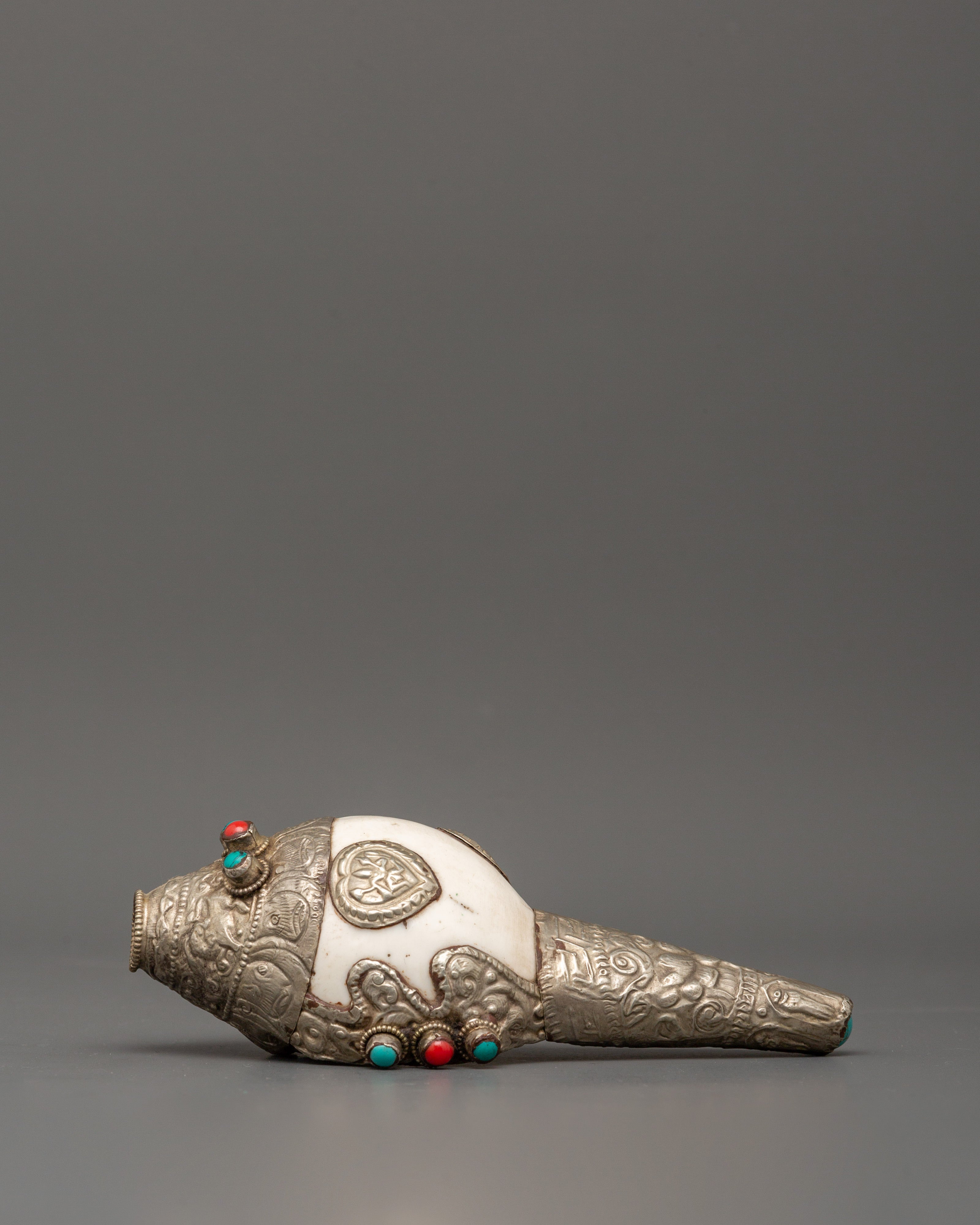 Conch Symbol of Sound and Spirituality | Silver Plated with Turquoise & Coral Inlays