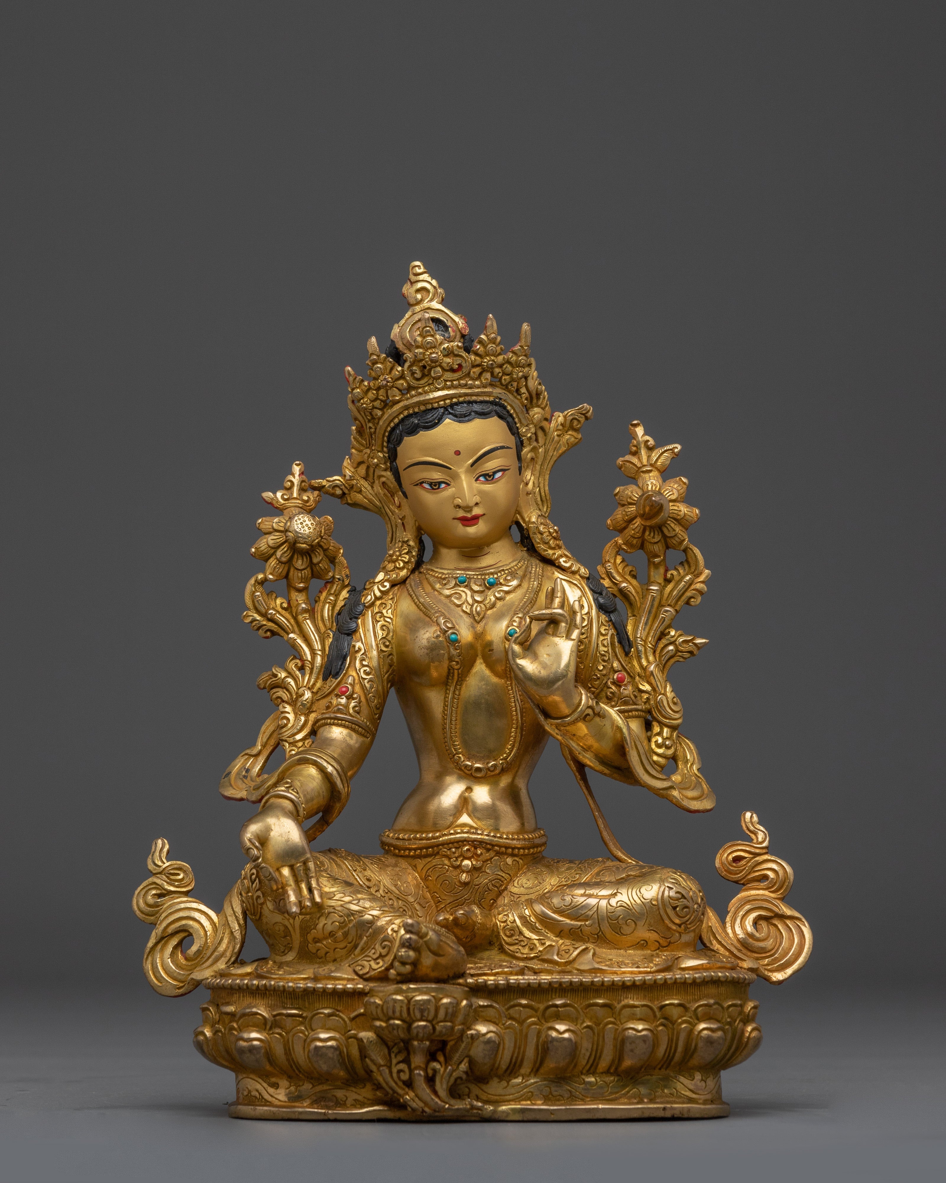 Green Tara Statue in Gold And Gemstones