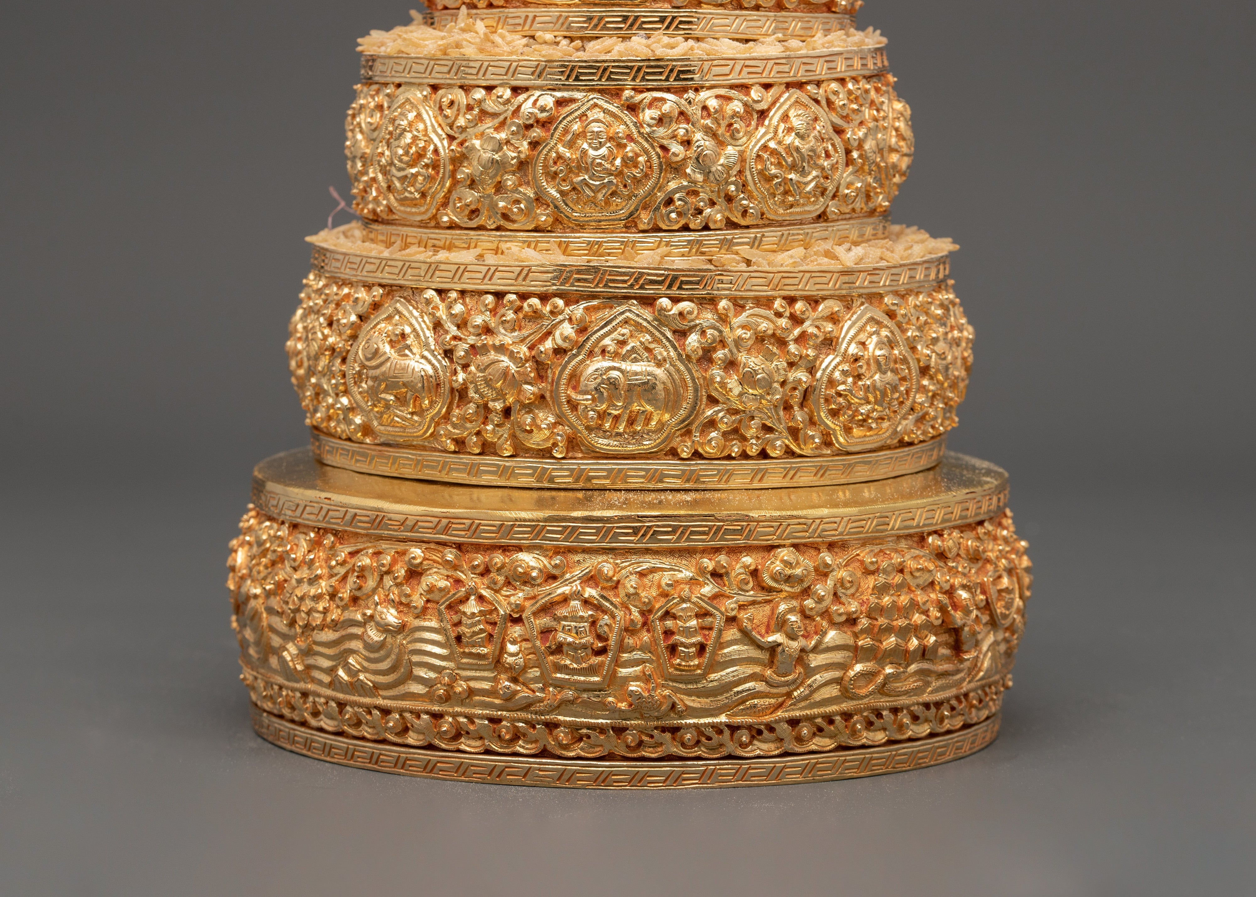 Gold Plated Tibetan Mandala Offering Set with Turquoise Stone | Spiritual Offering