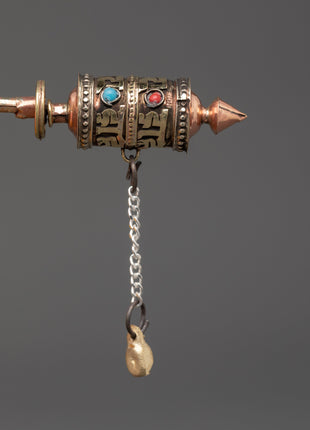 Buddhist Mantra Prayer Wheel with Turquoise Inlay | Ritual Practice & Meditation Tool
