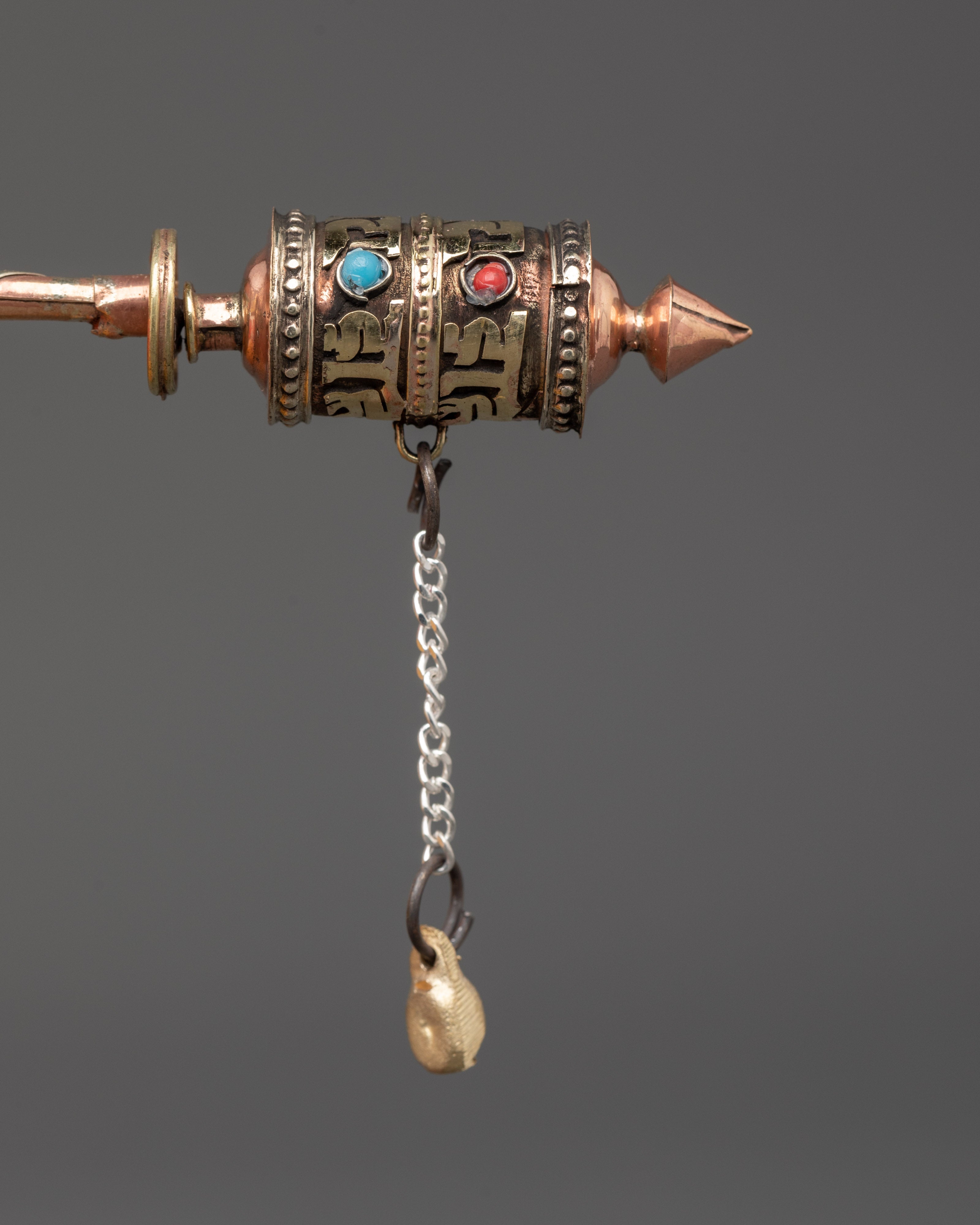 Buddhist Mantra Prayer Wheel with Turquoise Inlay | Ritual Practice & Meditation Tool