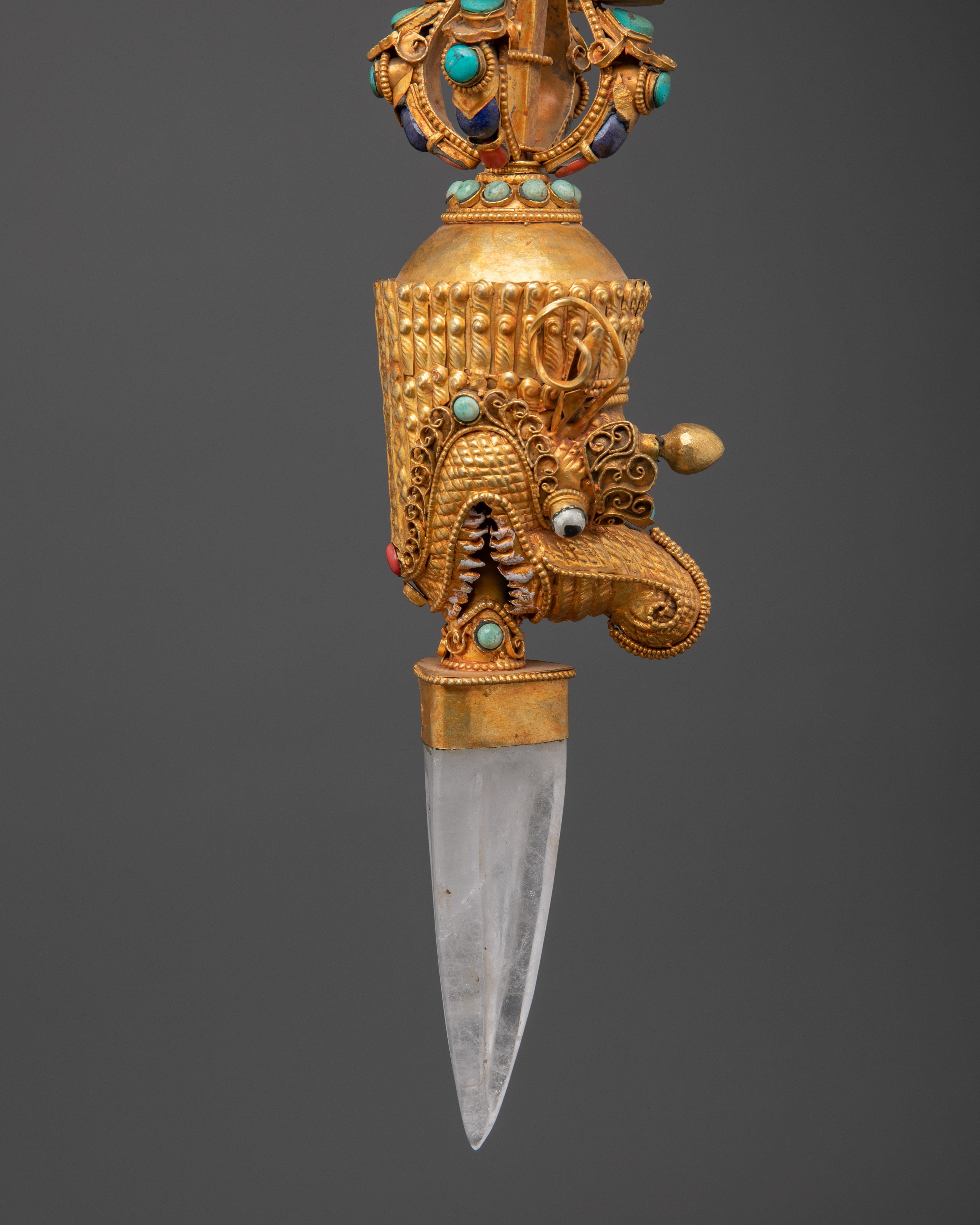 Buddhist Three Sided Phurba | Gold-Plated Ritual Dagger with Crystal and Turquoise