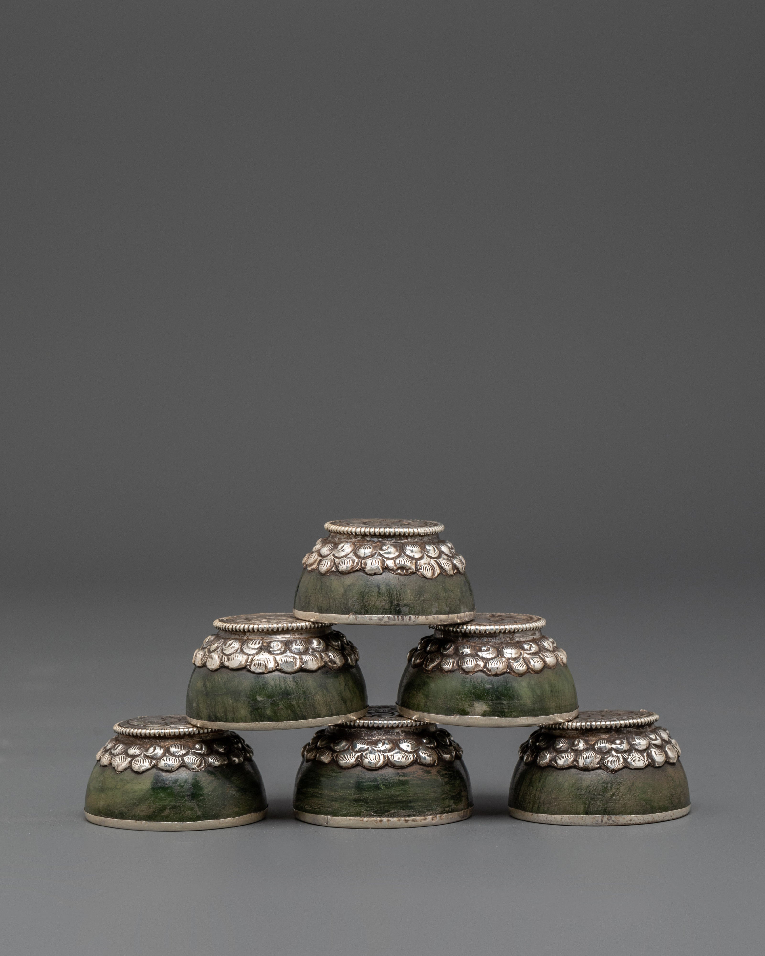 Handcrafted Tibetan Teapot & Offering Bowl Set | Green Jade & Silver Tea Set