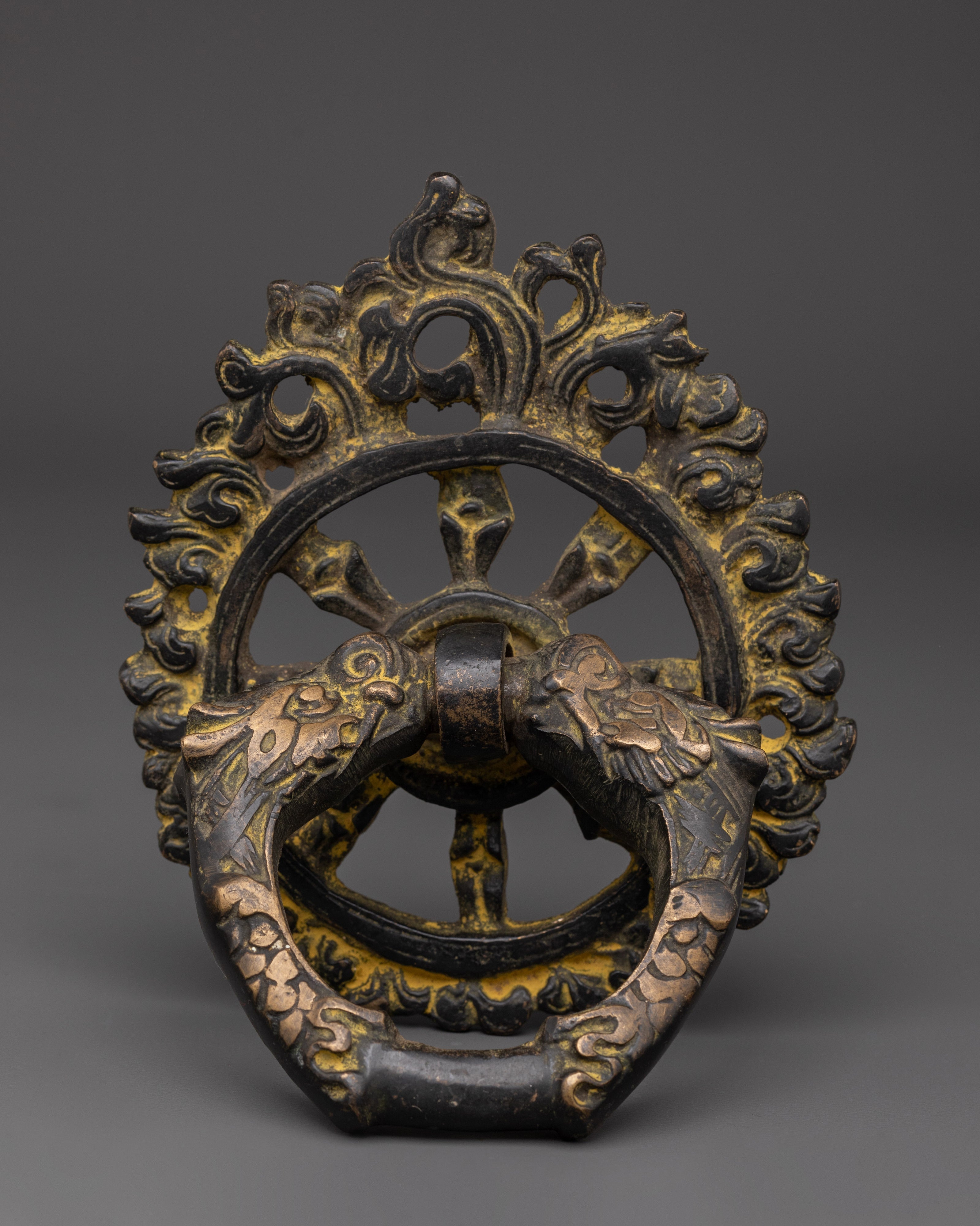 Tibetan Guardian Head Door Handle | Brass Ring Pull with Sacred Motifs