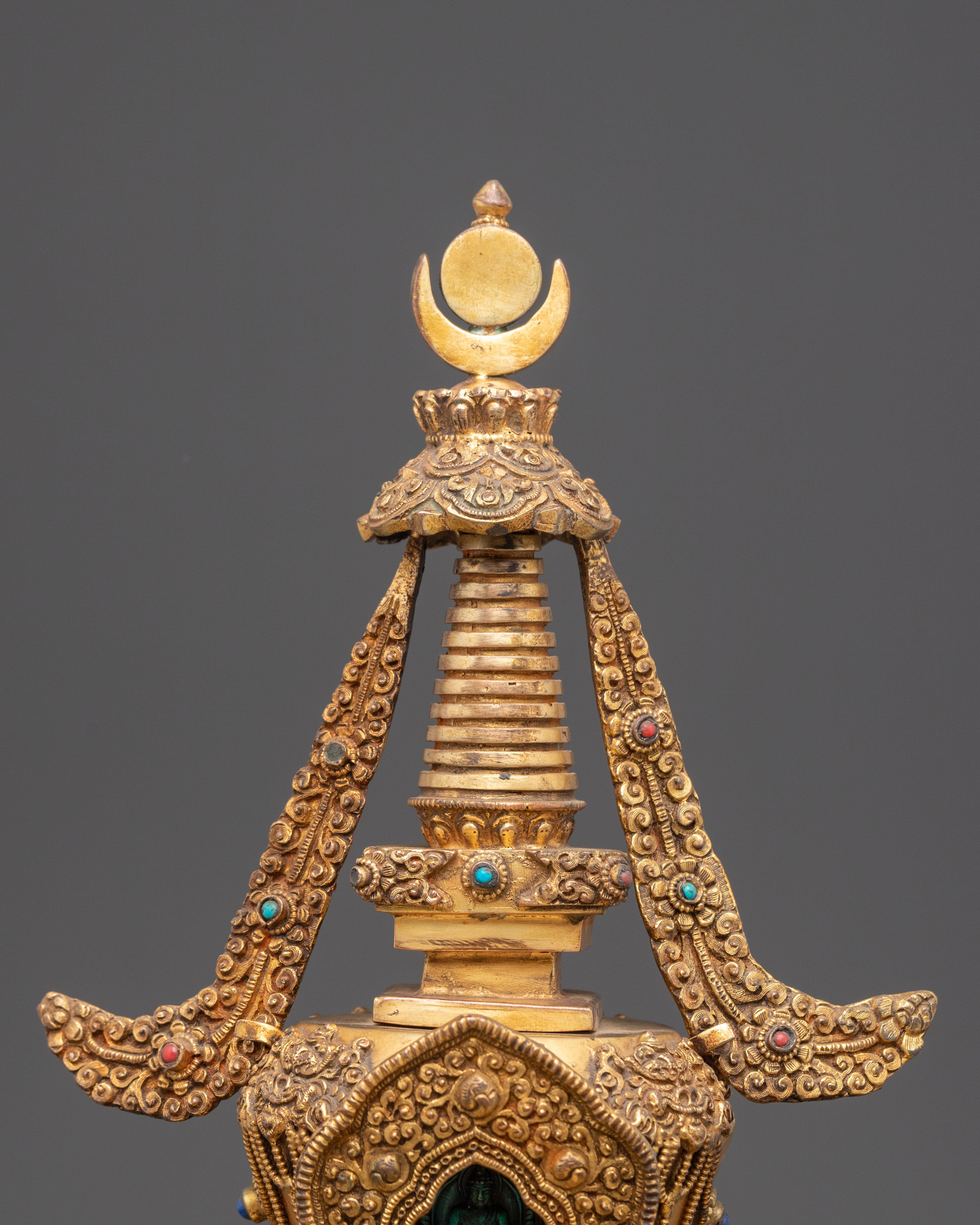 Sacred Stupa Containing Amitābha Buddha | Gold Plated Copper with Turquoise Inlay