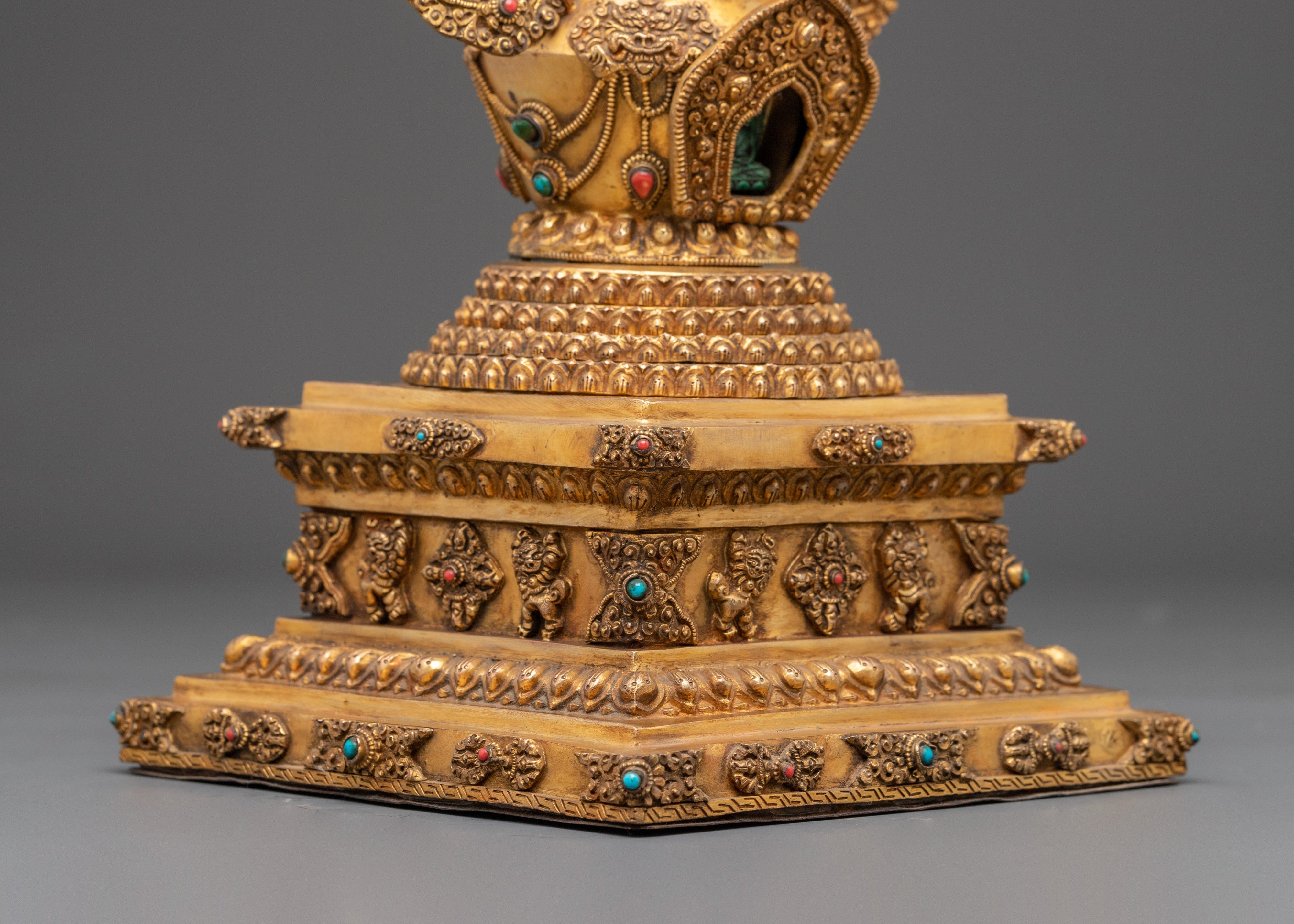 Handmade Gold Plated Buddhist Stupa with Buddha | Copper Stupa with Turquoise Inlay
