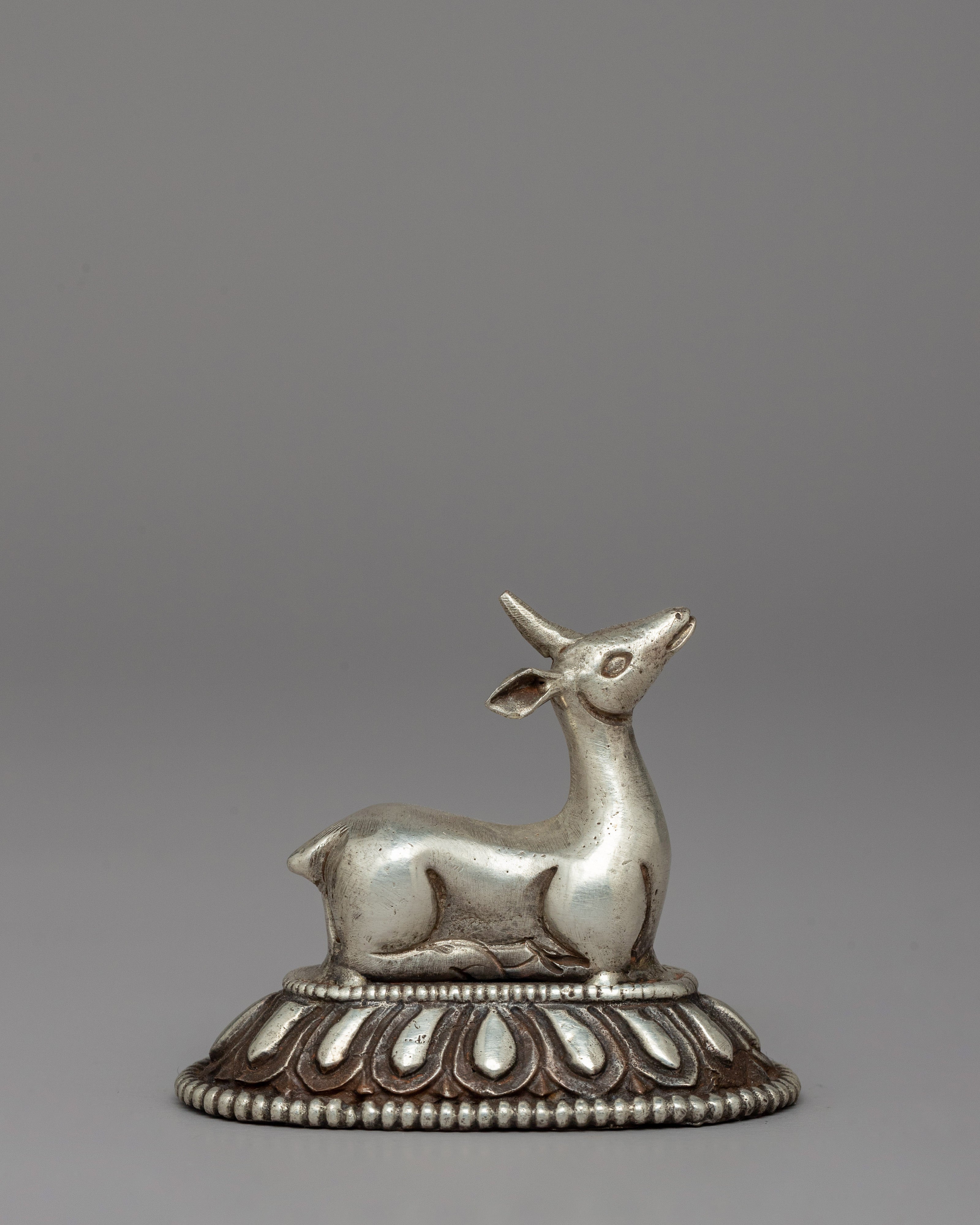 Silver-Plated Buddhist Dharma Wheel & Deer Set | Sacred Buddhist Symbol
