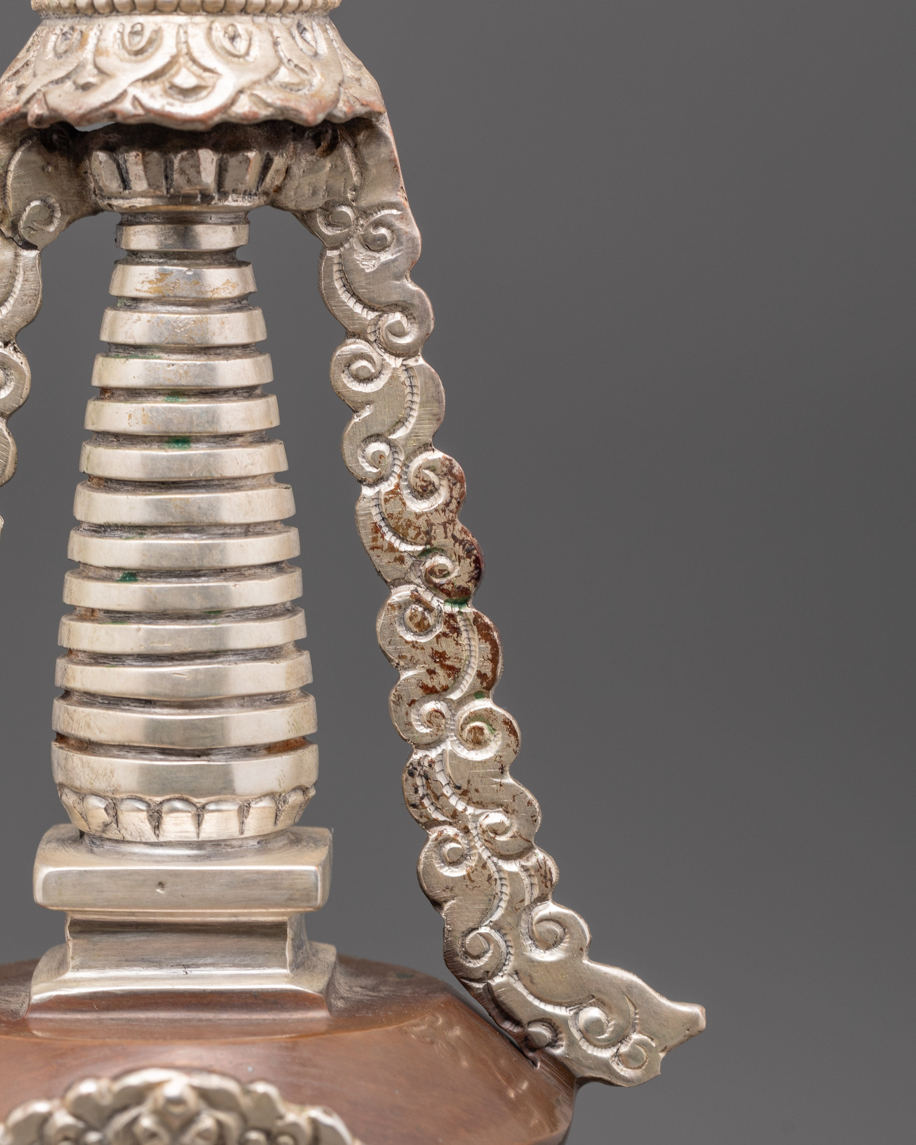 Buddhist Meditation Stupa | Silver Plated Oxidized Copper Altar Decor