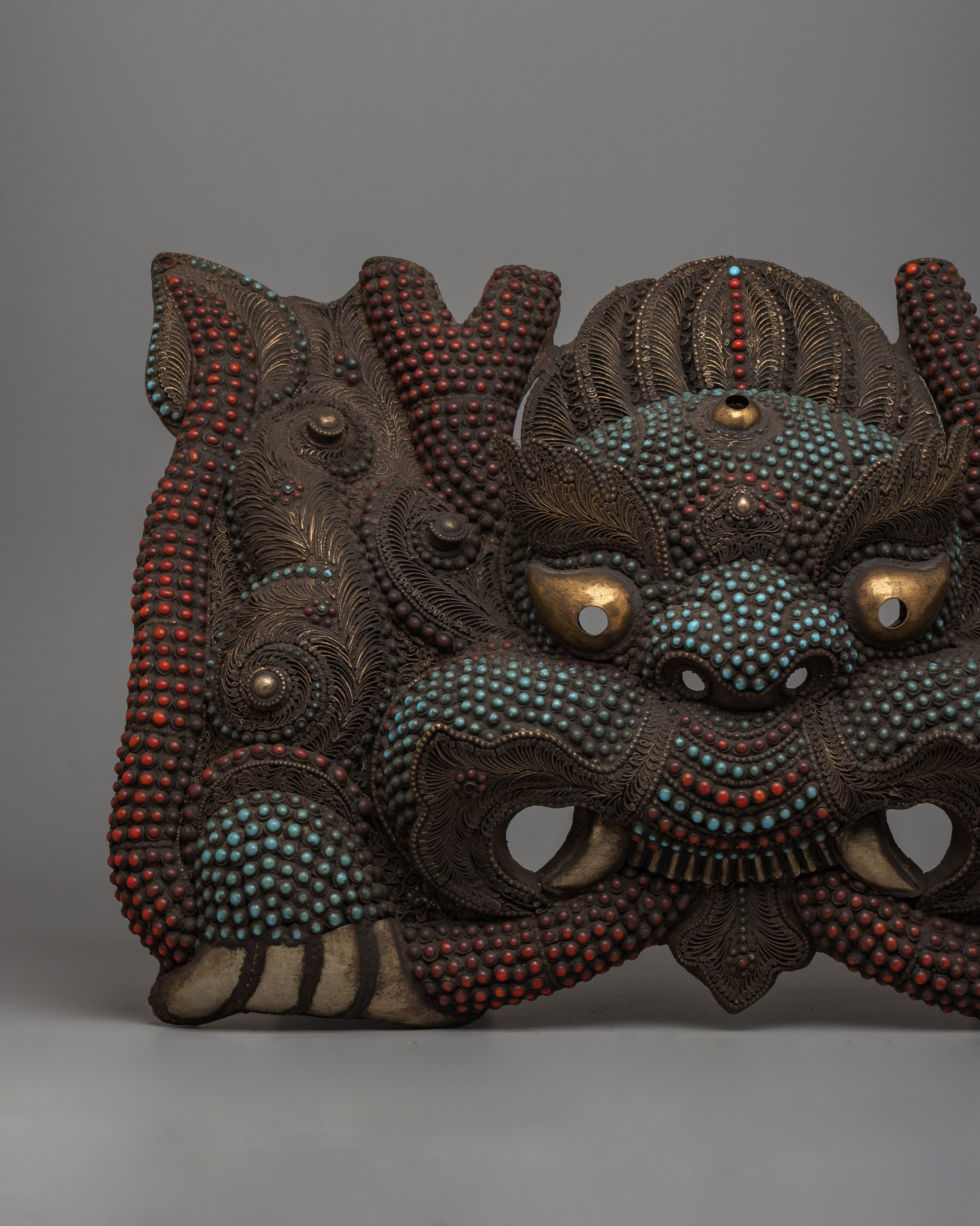 Handcrafted Copper Garuda Mask with Turquoise & Coral | Tibetan sacred wall art