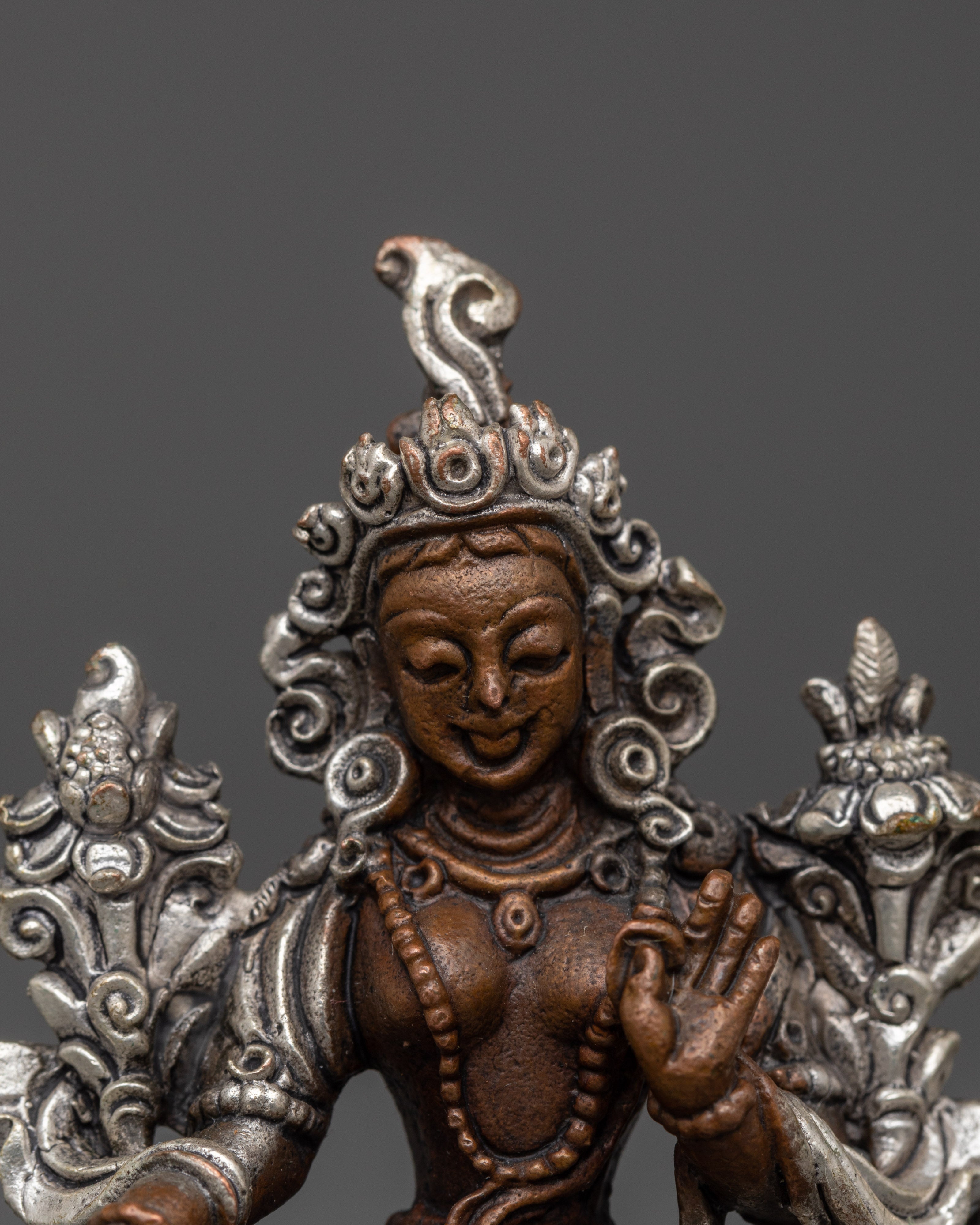 Green Tara Buddhist Goddess of Compassion | Oxidized Copper & Silver Plated Statue