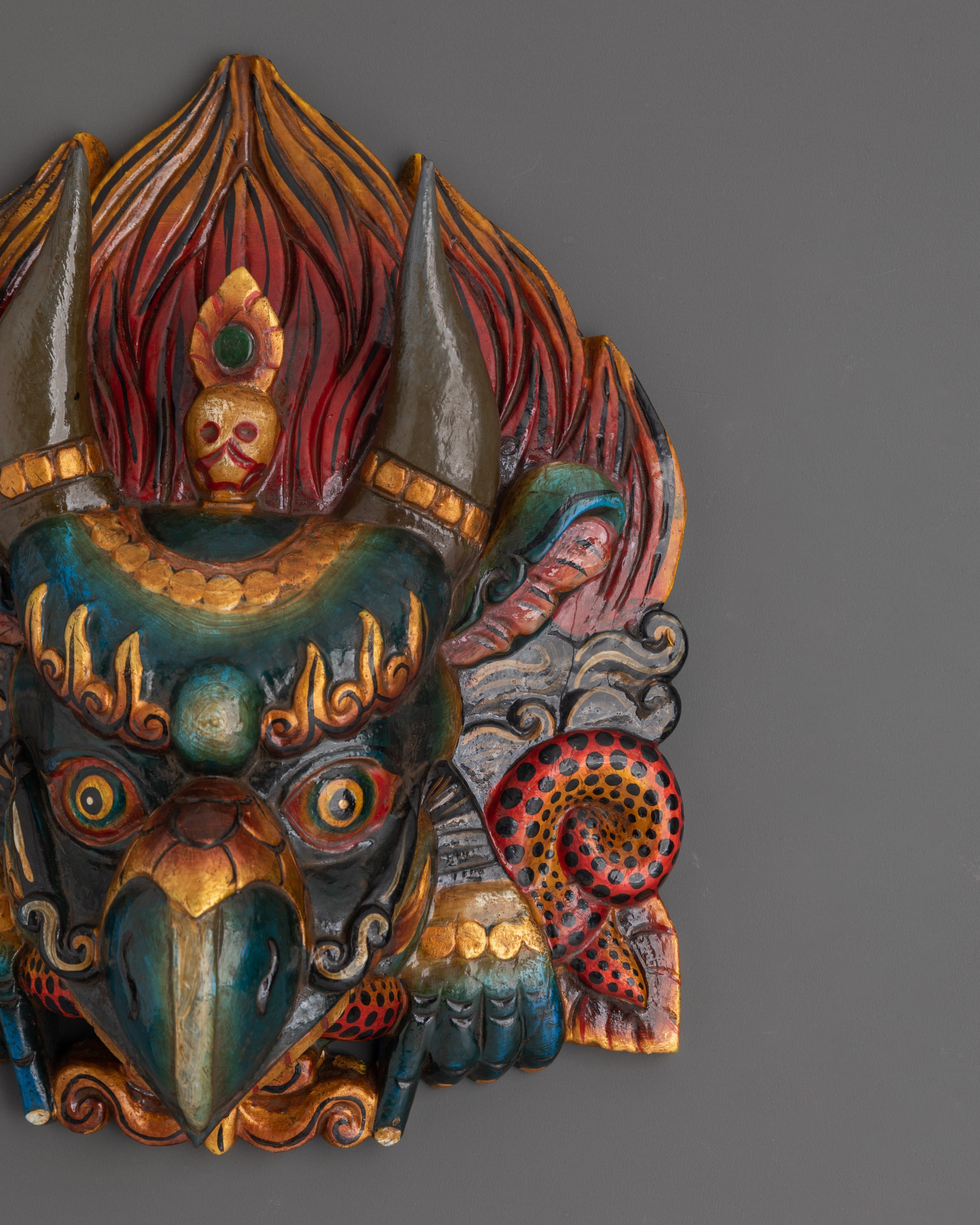 Sacred Wooden Garuda Mask Wall Hanging | Tibetan Home Decor