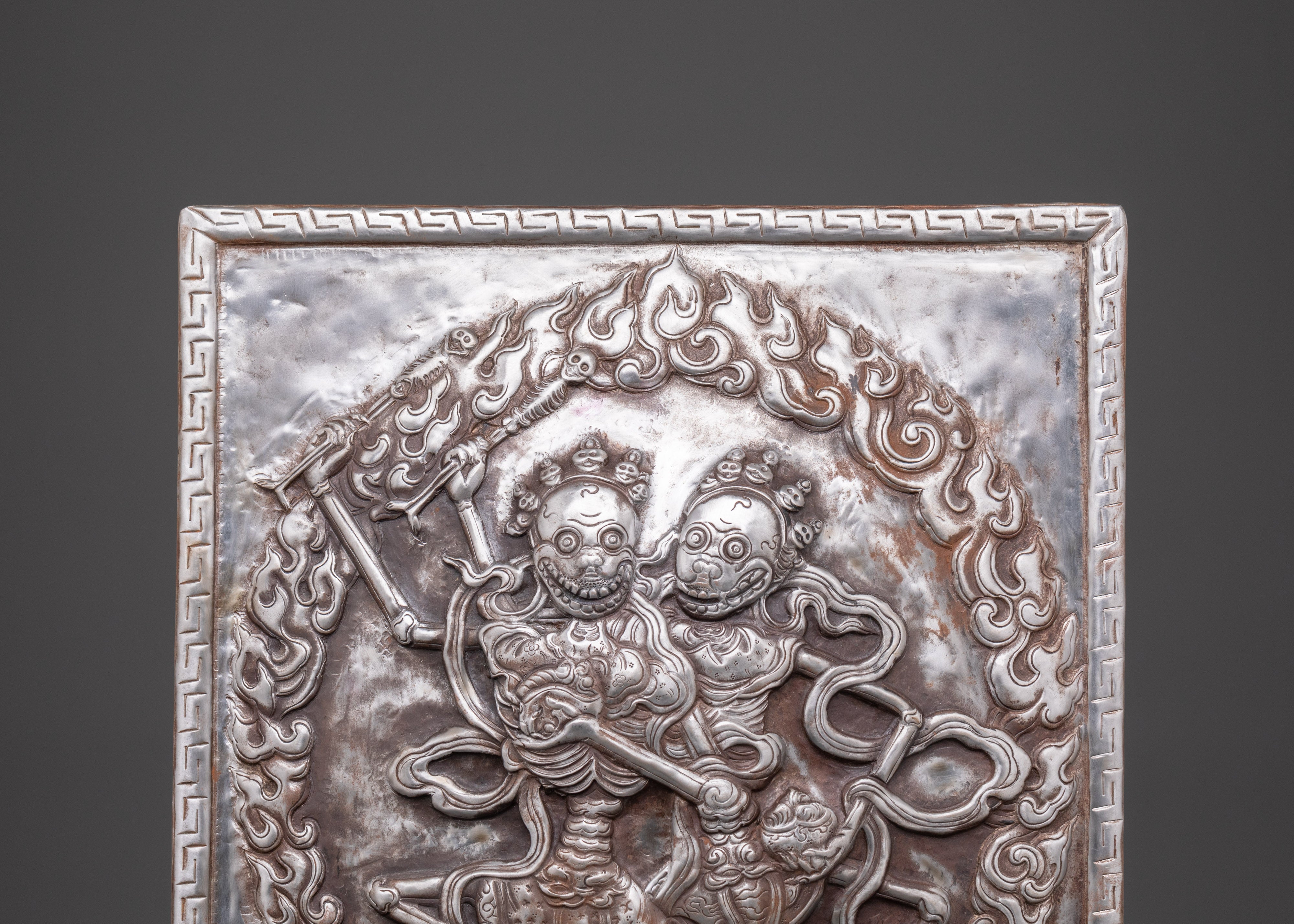 Handcrafted Tibetan Citipati Wall Hanging | Iron Skeleton Deity Plaque with Fire Aura