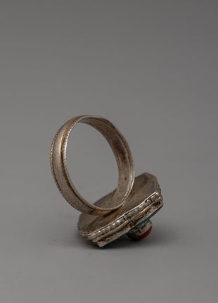 Stylish Silver Finger Ring with Turquoise and Coral Stones |  Handcrafted Artisan Jewelry