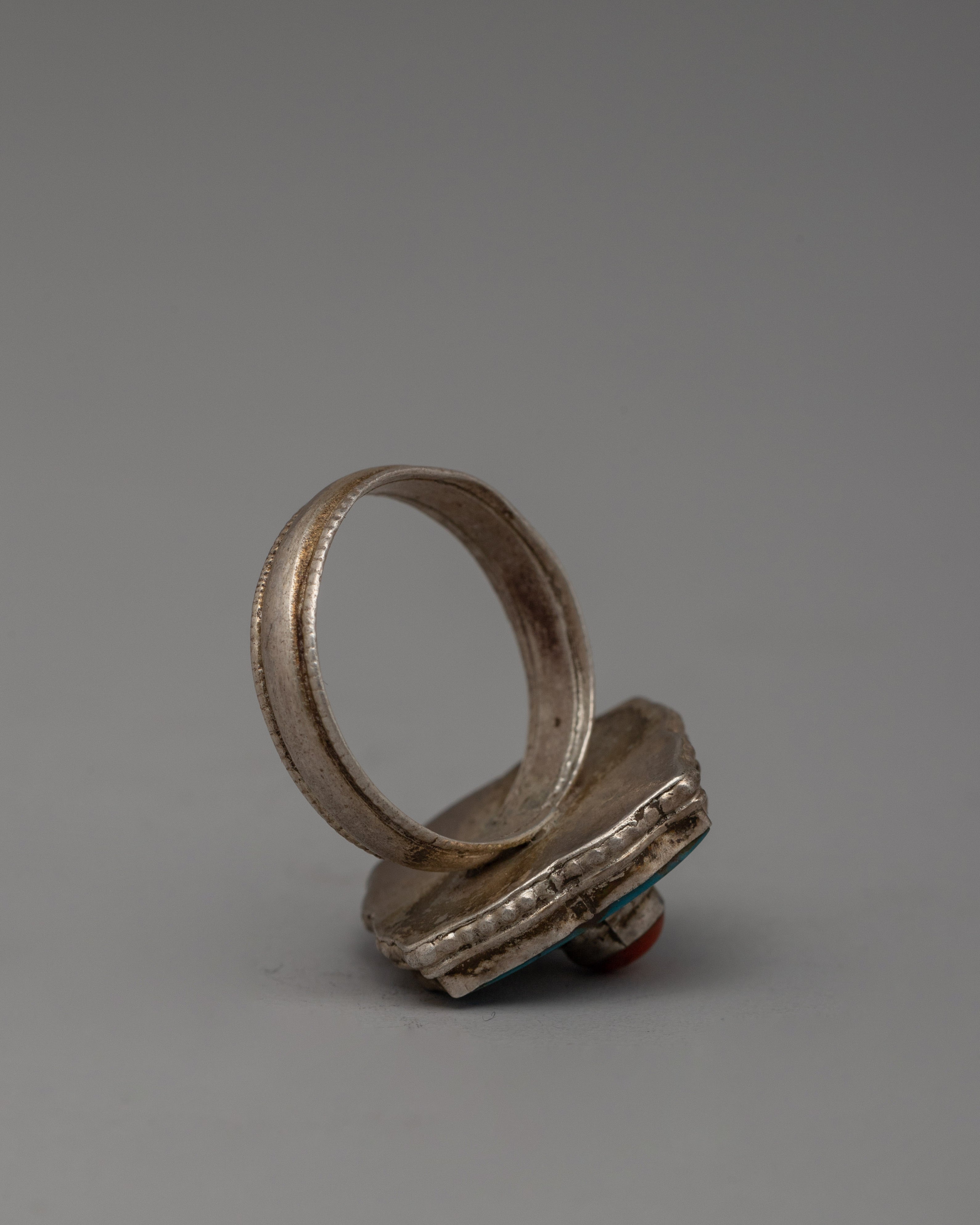 Stylish Silver Finger Ring with Turquoise and Coral Stones |  Handcrafted Artisan Jewelry