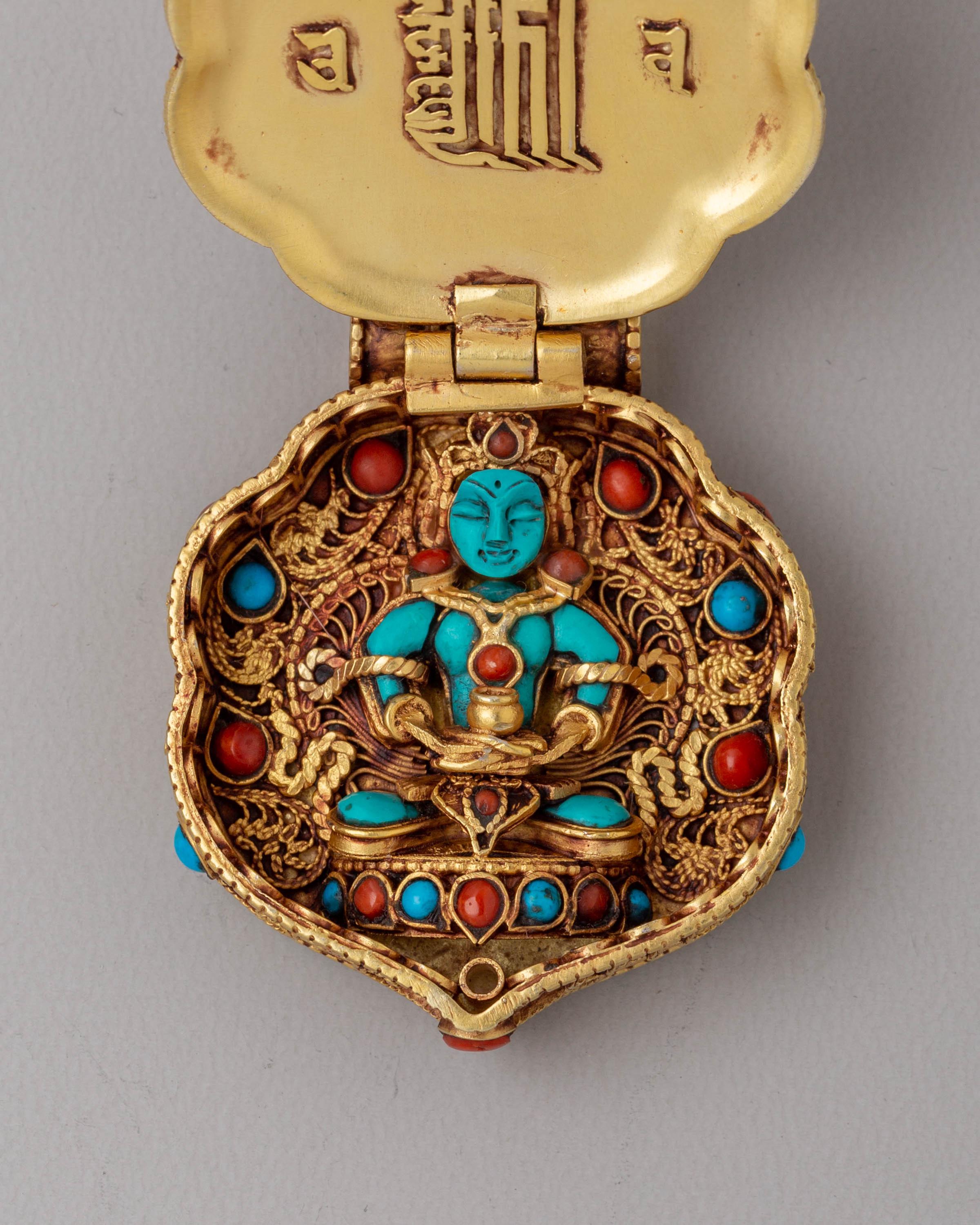 Handcrafted Manjushri Ghau Box Locket | Gold Plated with Coral & Turquoise