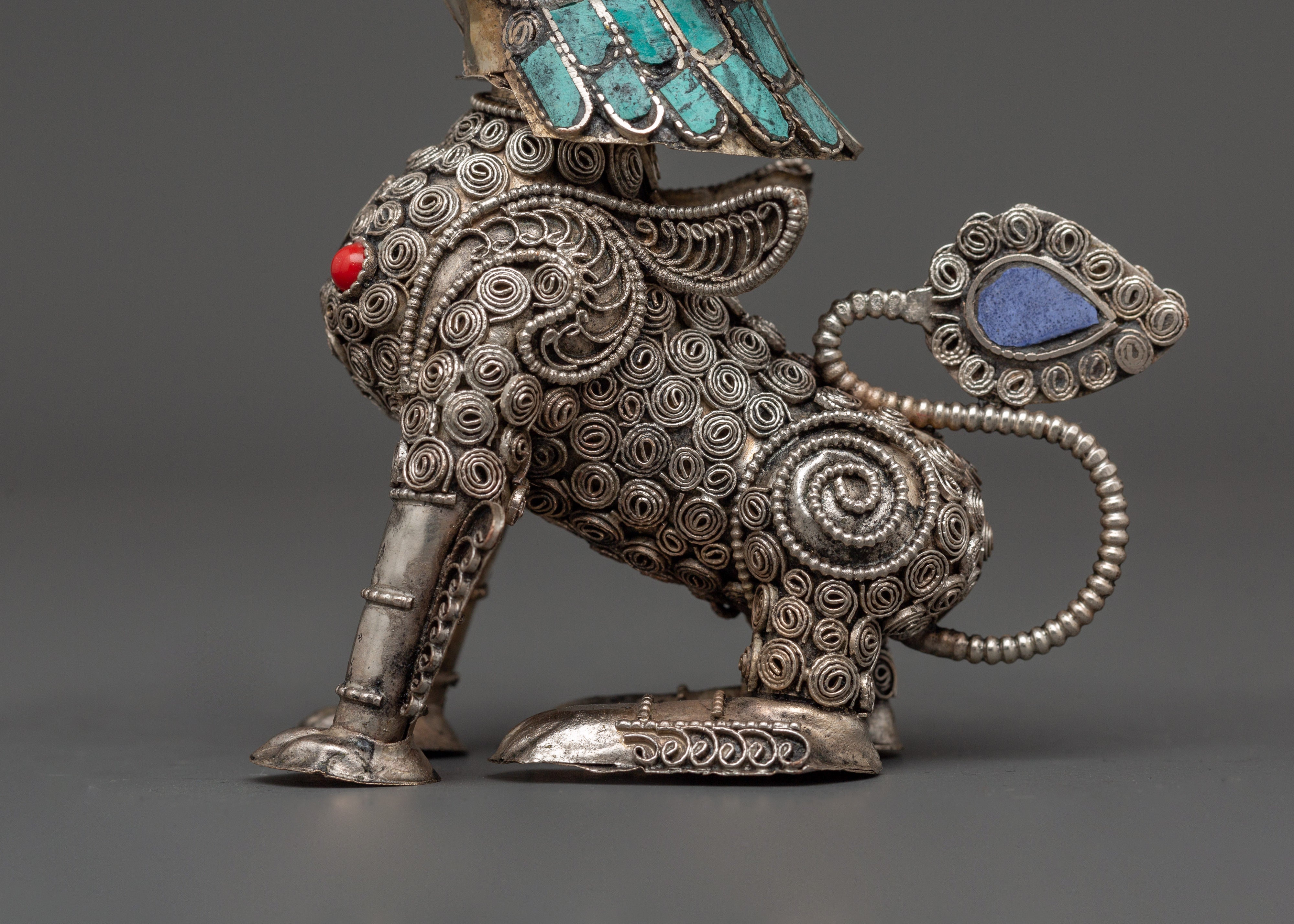 White Metal Guardian Lion Statue Set | With Coral, Turquoise & Lapis Lazuli Stones
