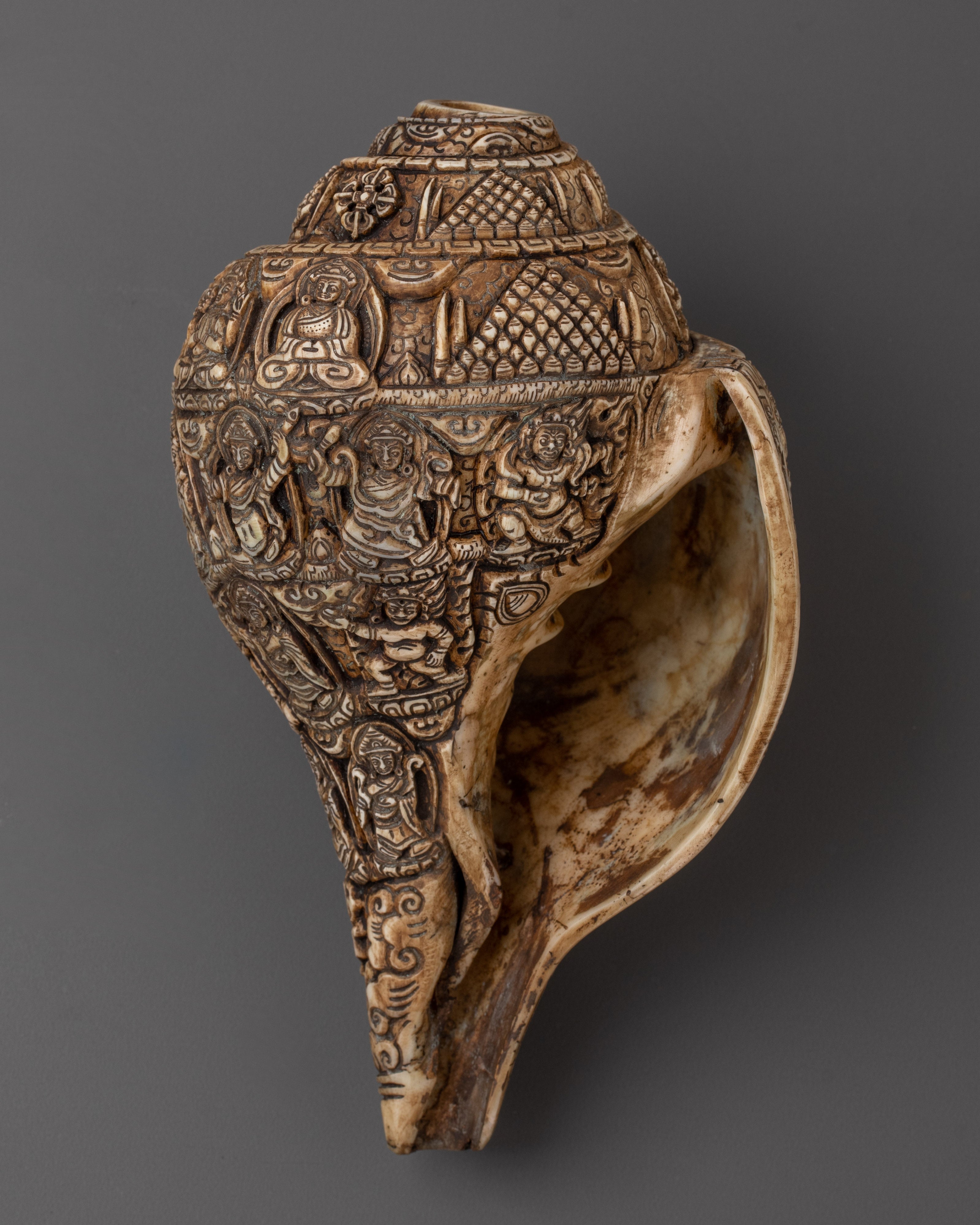 Carved Conch Shell with Buddhist Deity | Spiritual Buddhist Decor