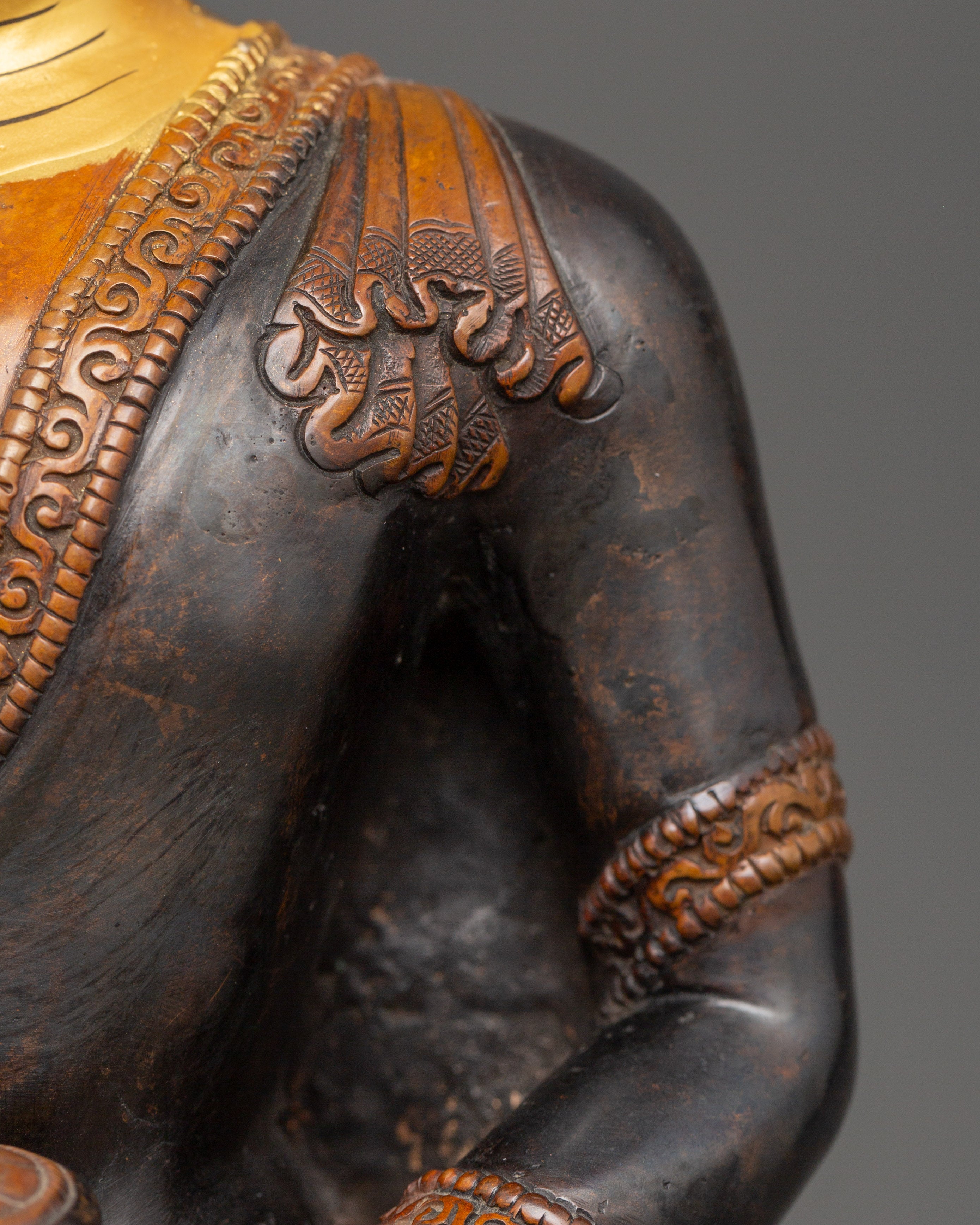 Shakyamuni Buddha Tibetan Altar Decor Statue | Oxidized Copper Body with Gold Plating