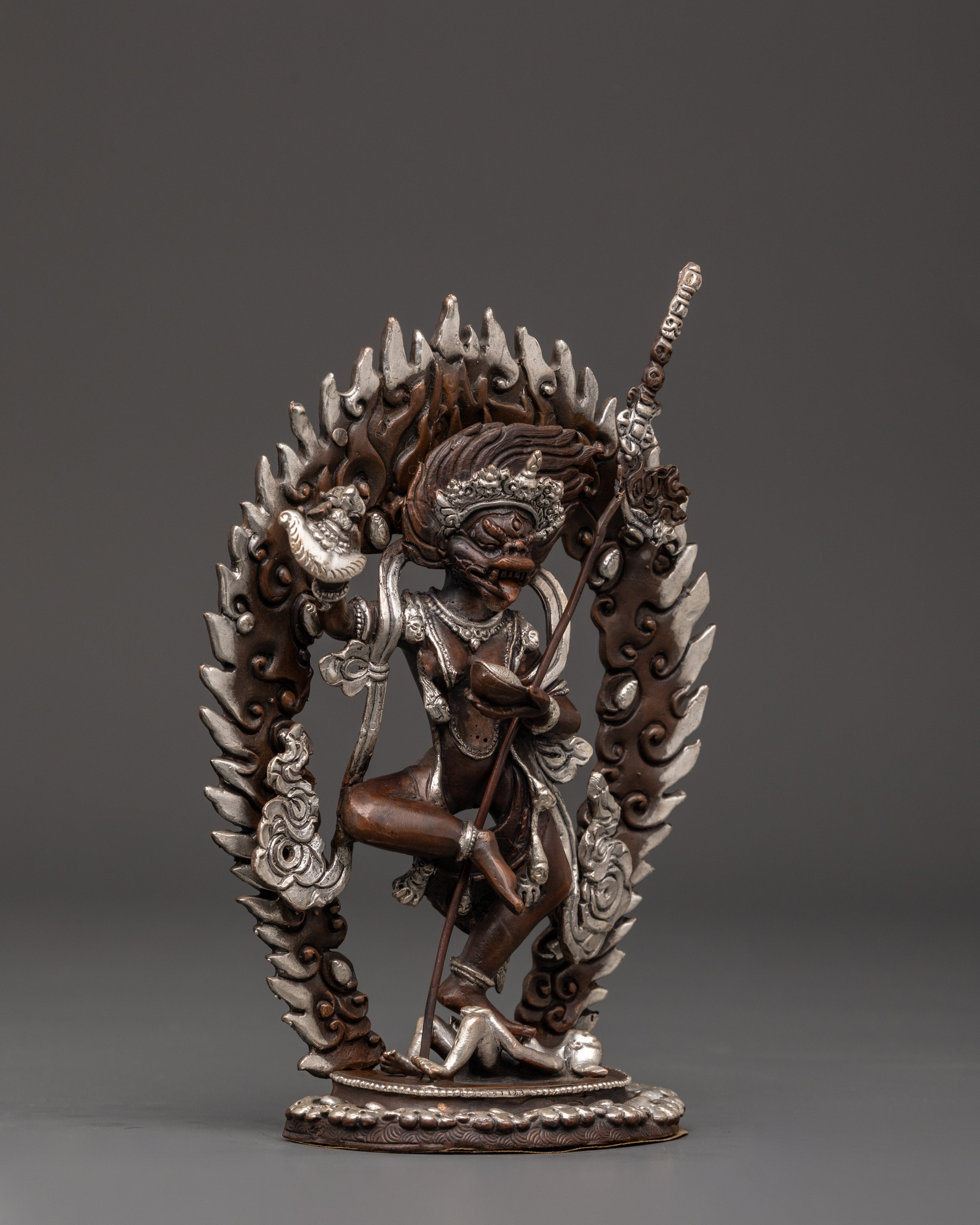 Yogini Simhamukha Statue | Sacred Oxidized Copper & Silver-Plated Sculpture