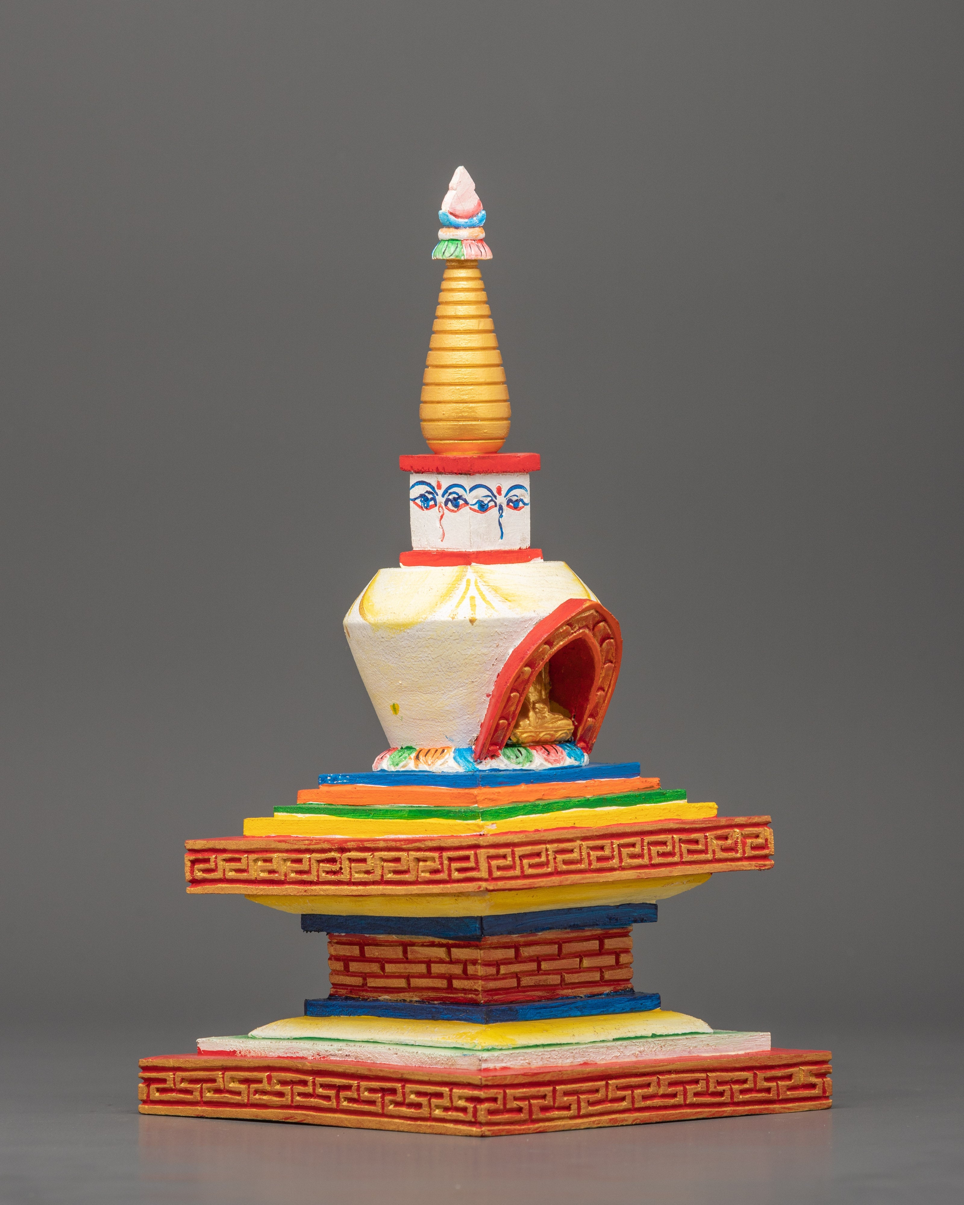 Hand-Painted Wooden Stupa | Tibetan Altar Symbol of Enlightenment
