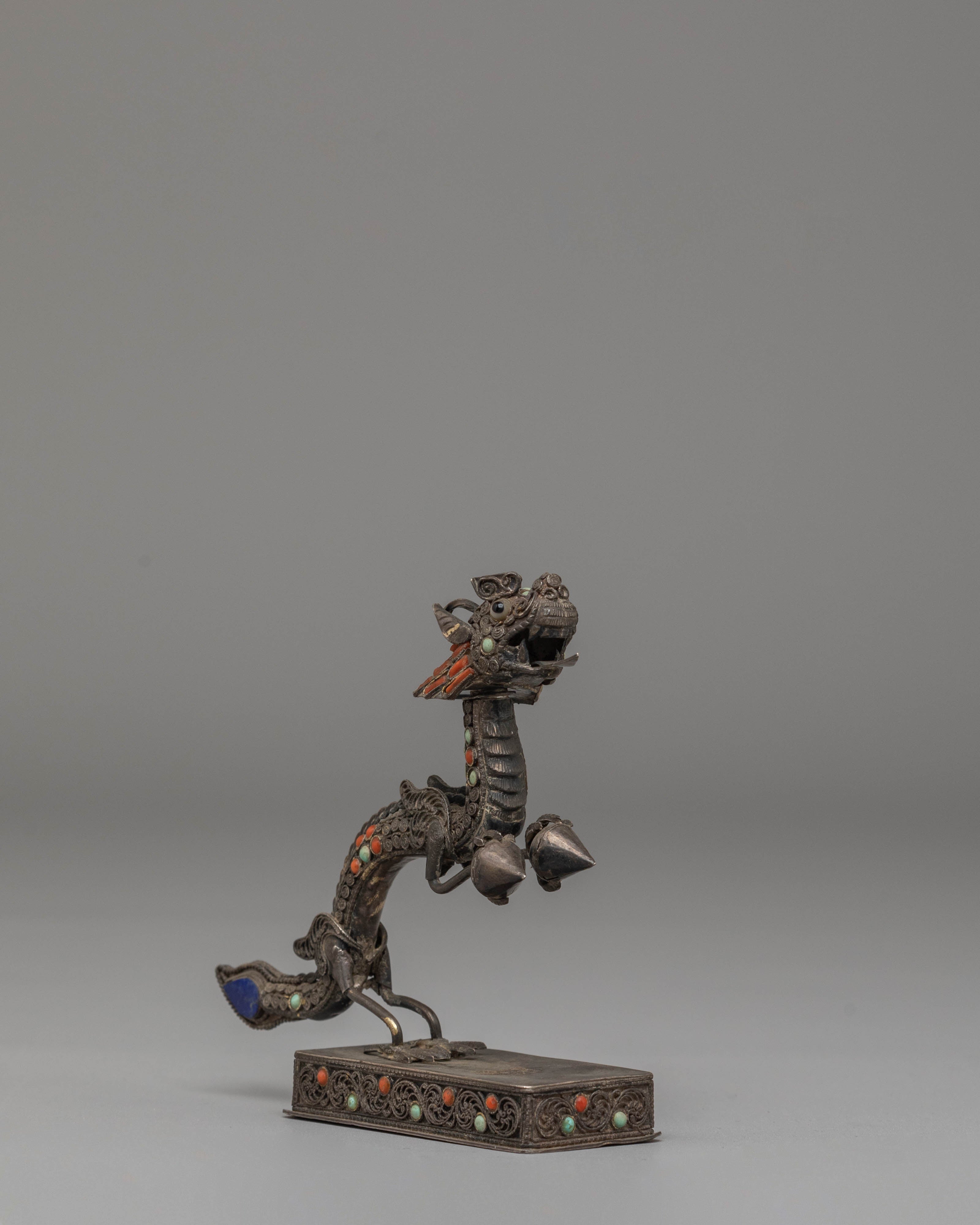 Handmade Dragon Sculpture | Silver Art Piece with Turquoise & Coral Gemstones