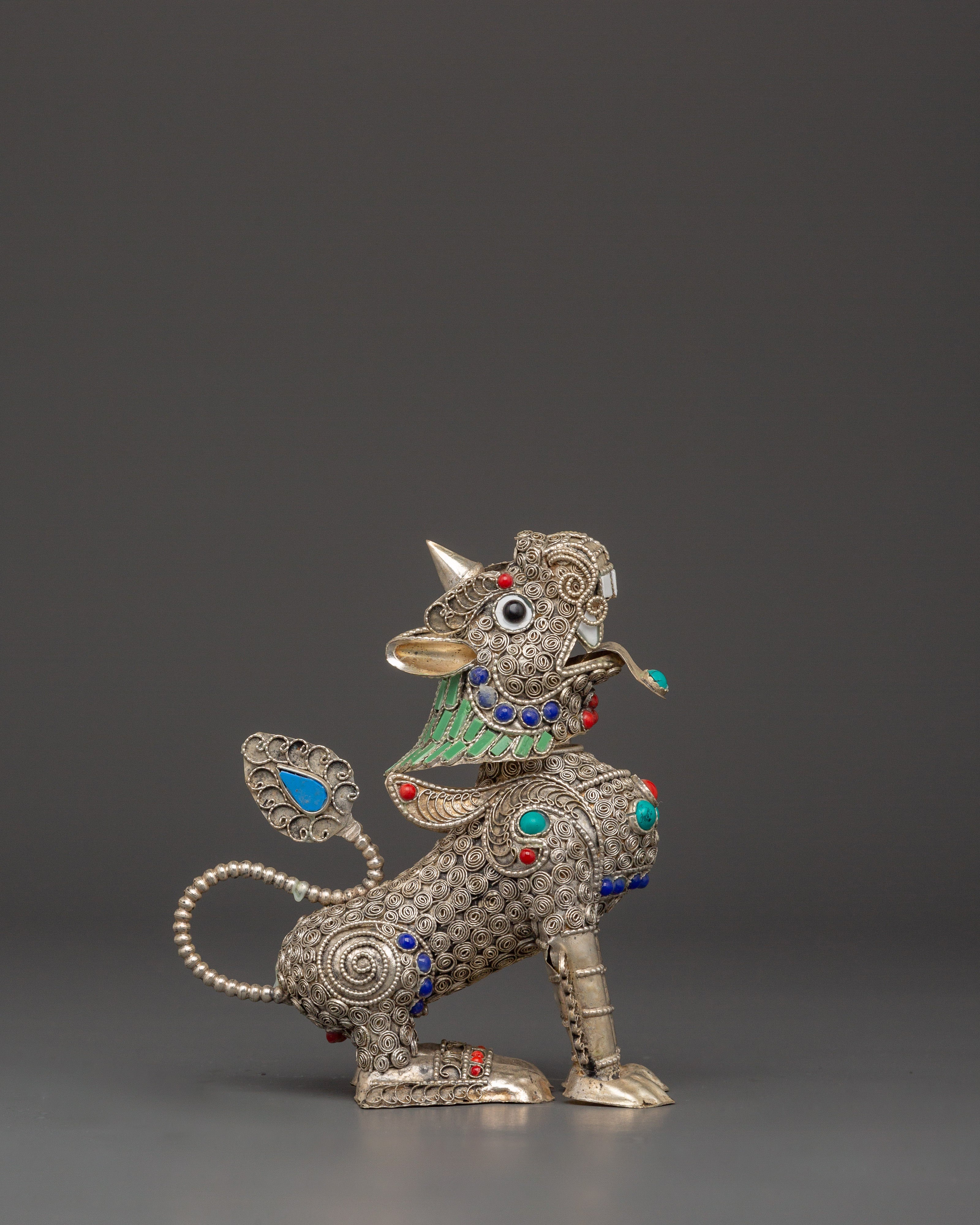 Tibetan Snow Lion Buddhist Protector Set | Silver-Plated White Metal Guardian Statues